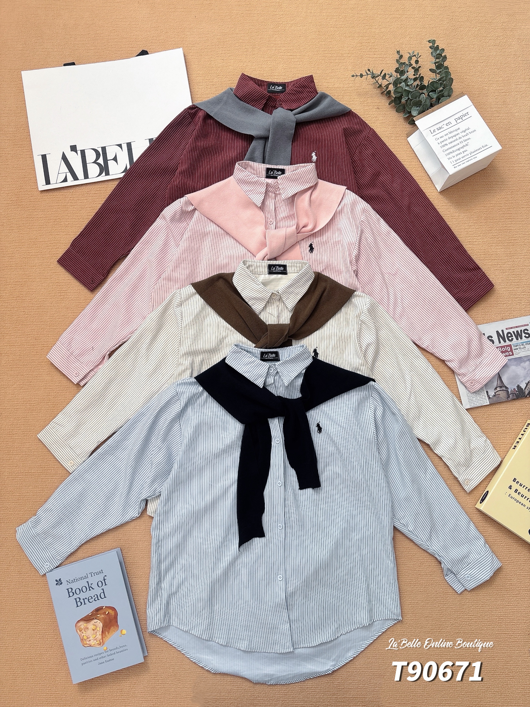 韩系刺绣条纹设计长袖衬衫 (T90671)