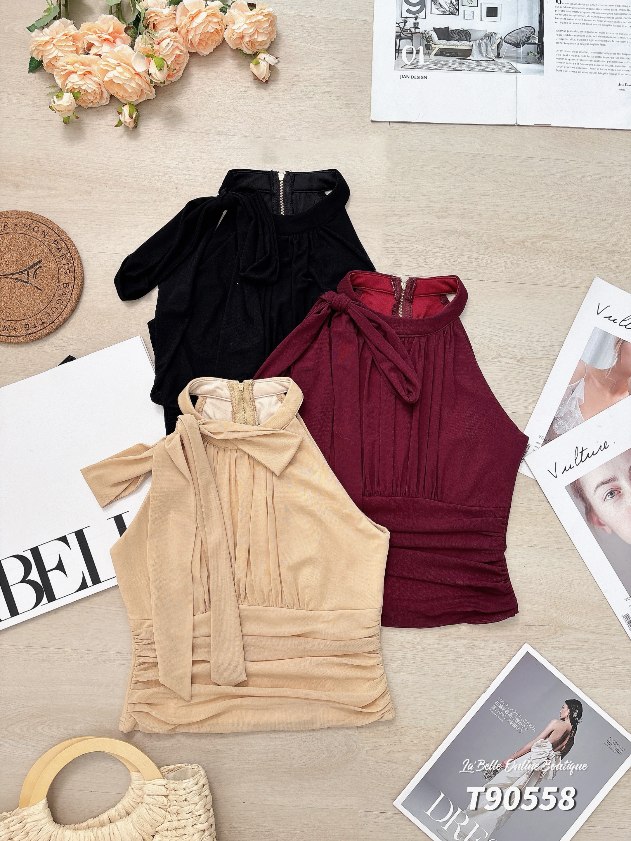 时尚Cut-In蝴蝶结褶皱设计上衣 (T90558)