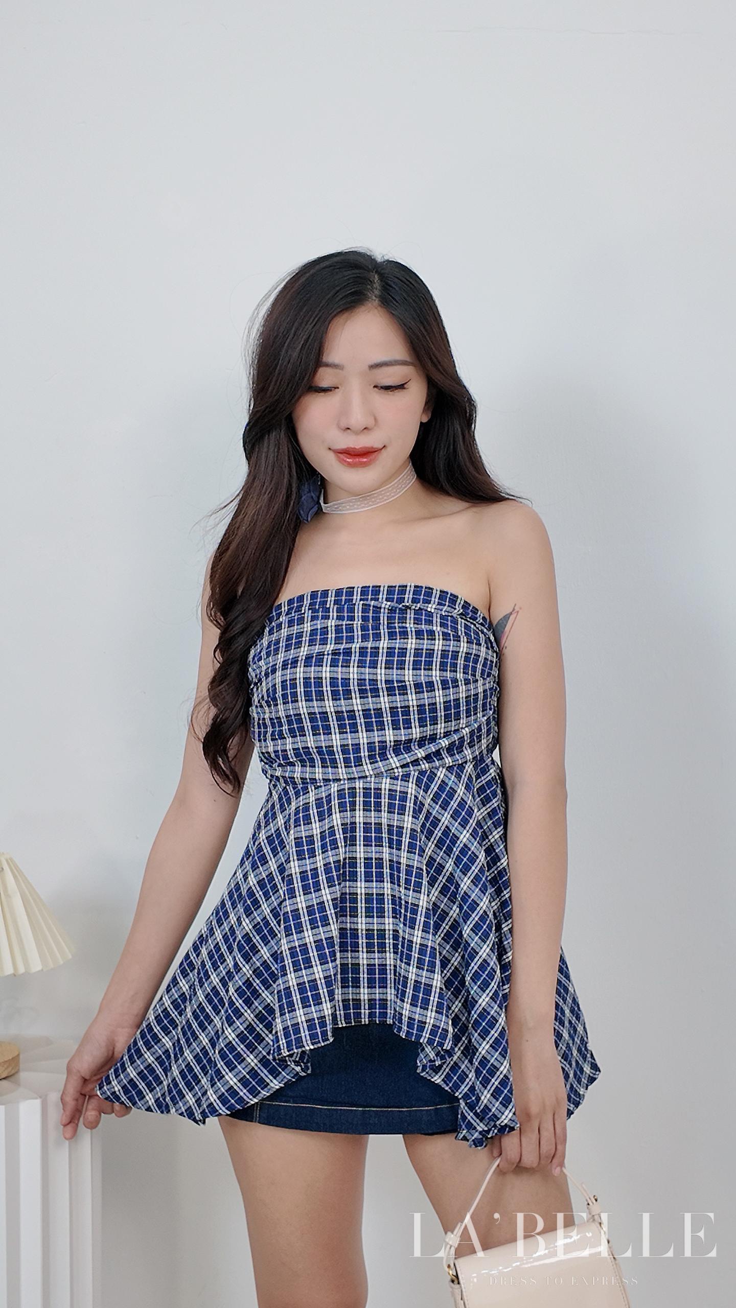 韩系不规则抹胸设计格子上衣 (T90497)