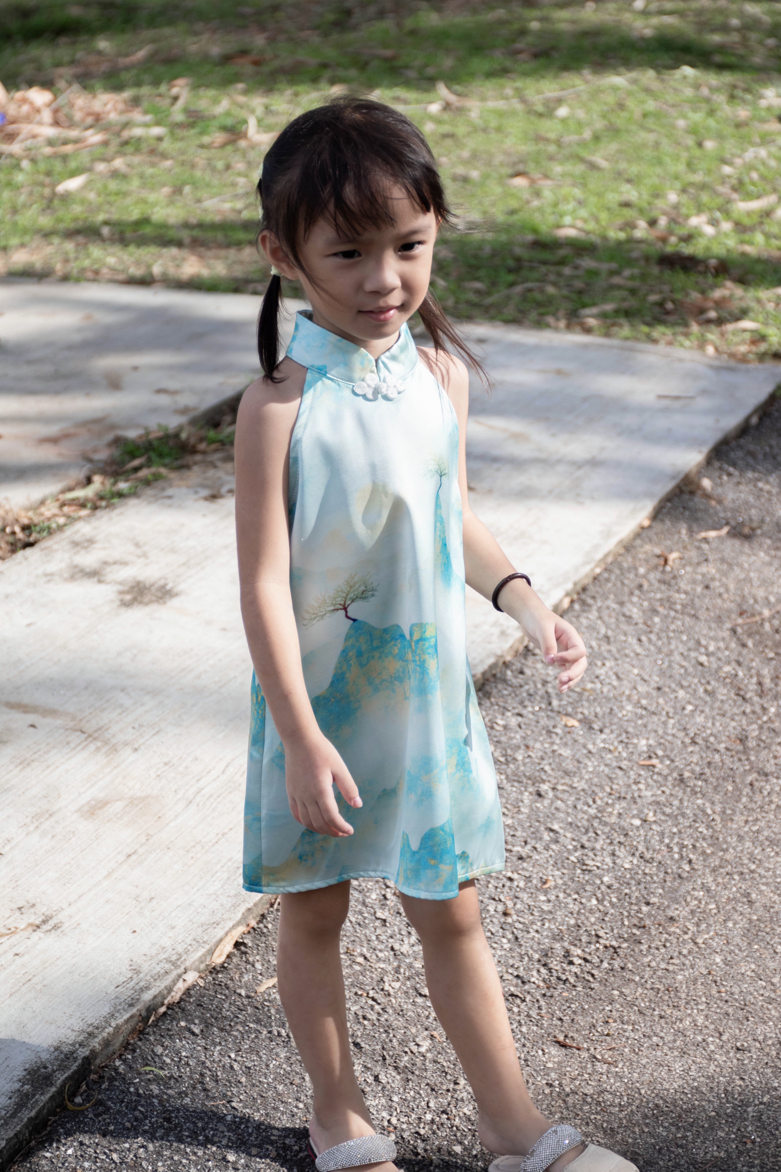 【LBP亲子系列】远山黛国风现代改良版旗袍连身裙（F70107-女儿款）