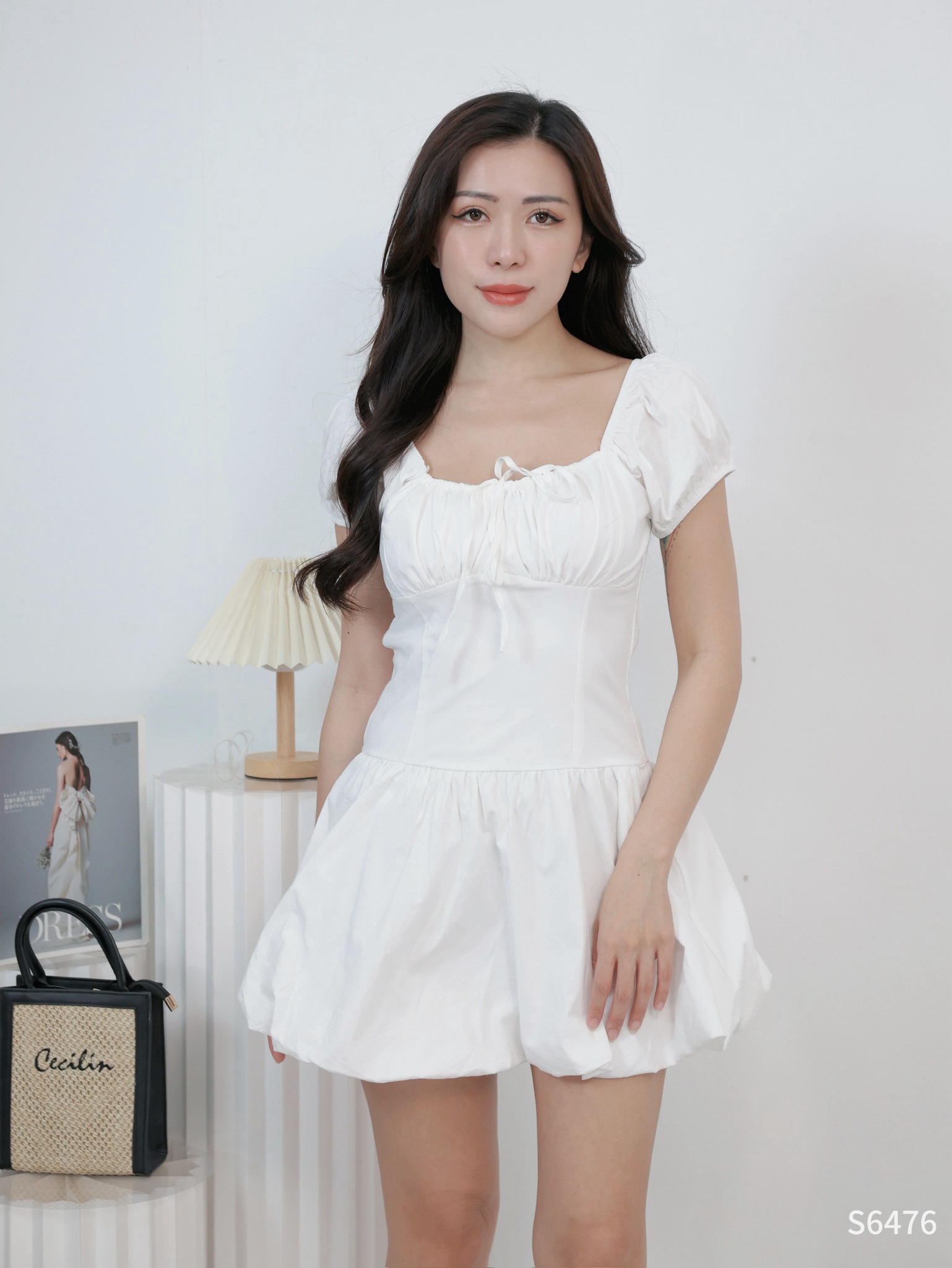 甜美方领花苞连身裙 (S6476)