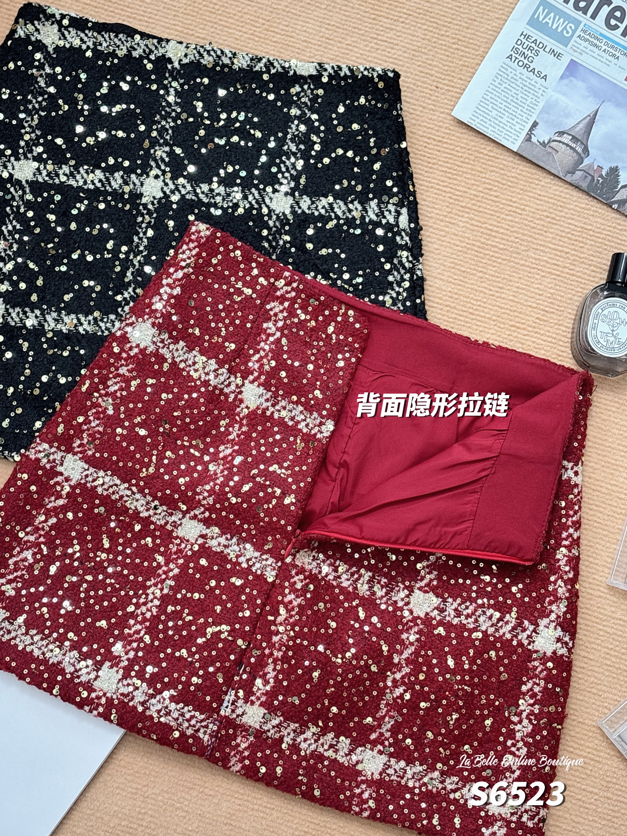 小香风亮片格子高腰短裙 (S6523)