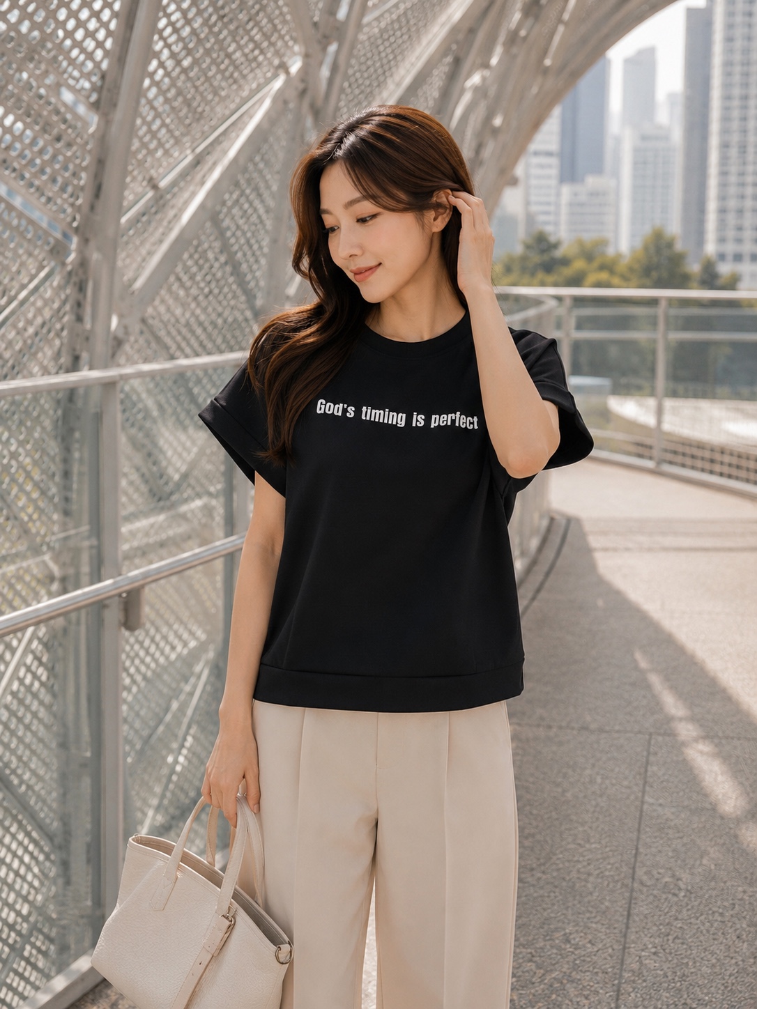休闲风撞色字母设计落肩宽松上衣 (T90785)