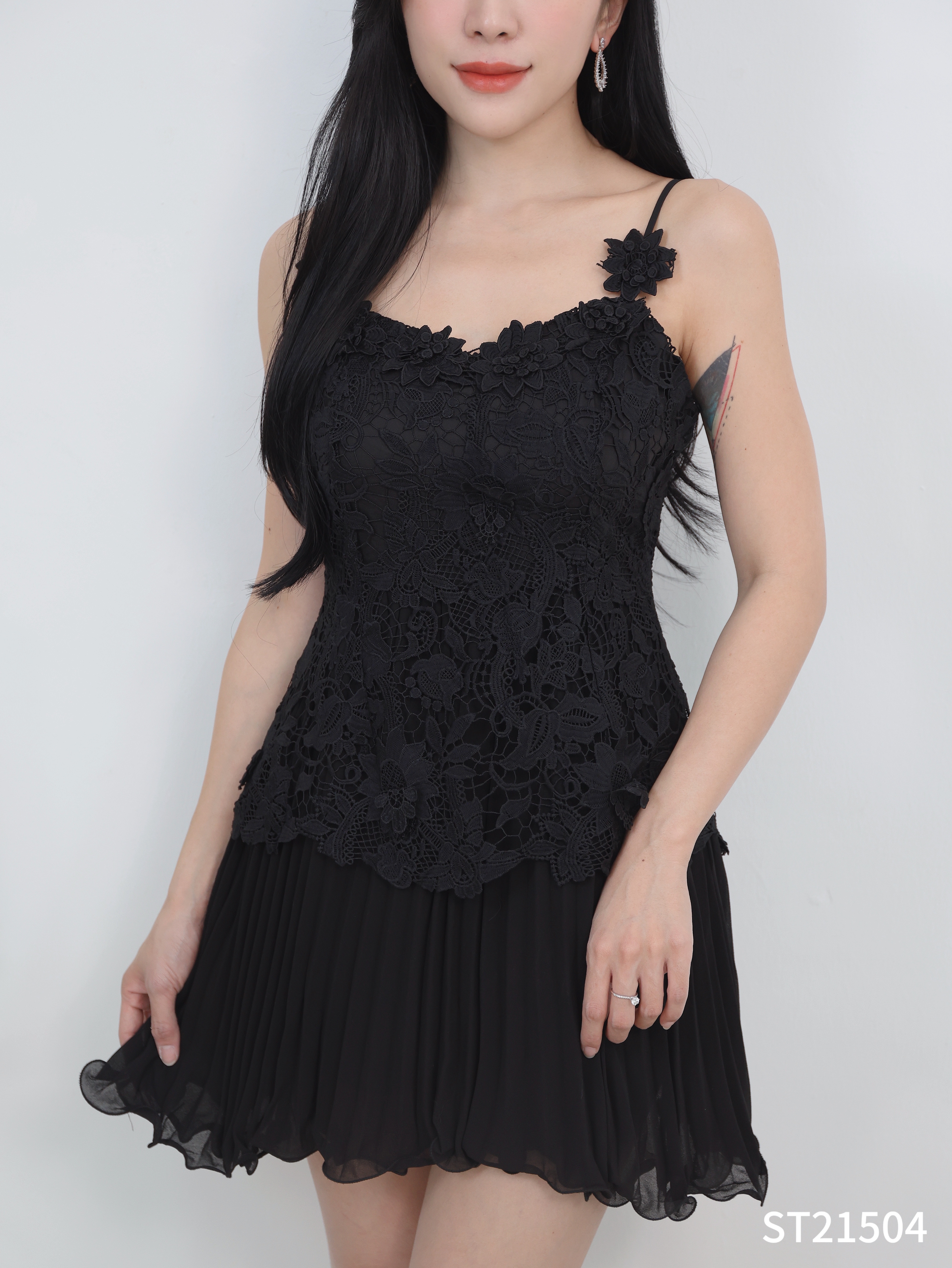 法式花朵蕾丝设计吊带连身裙 (ST21504)