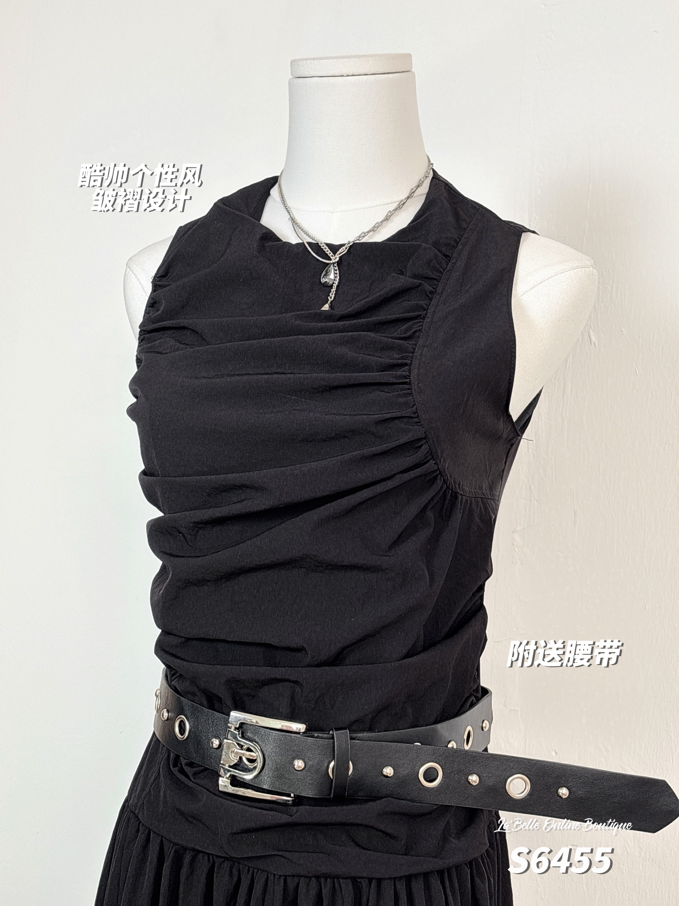 赫本风无袖圆领褶皱设计过膝连身裙 (S6455)