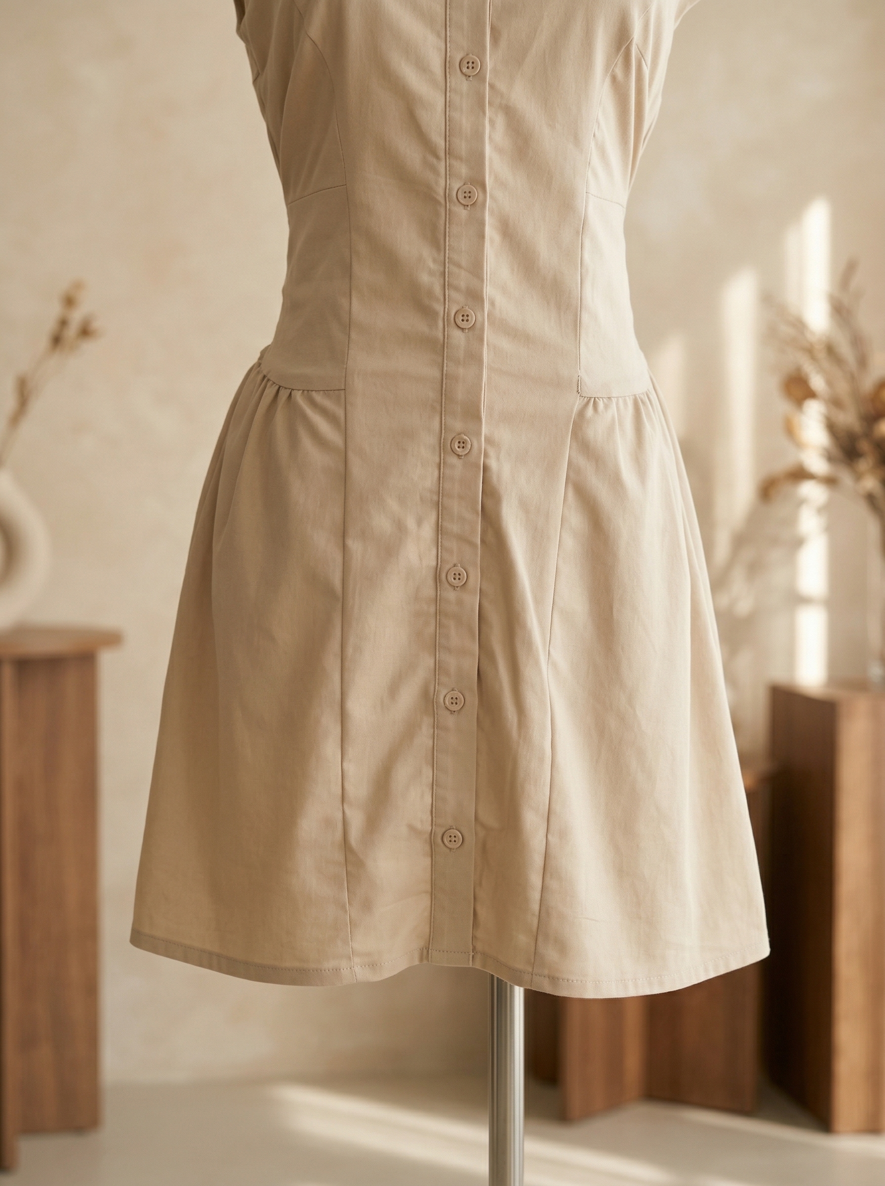 韩系收腰翻领设计无袖连身裙 (ST21612)