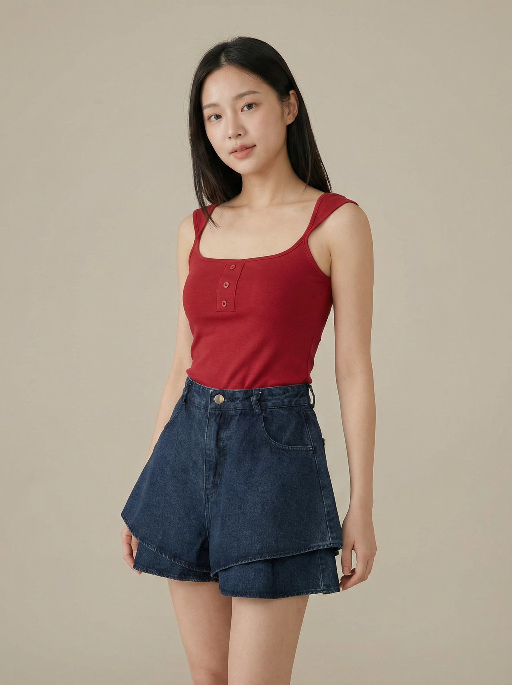 百搭假两件荷叶边阔腿高腰短裤 (J3585)