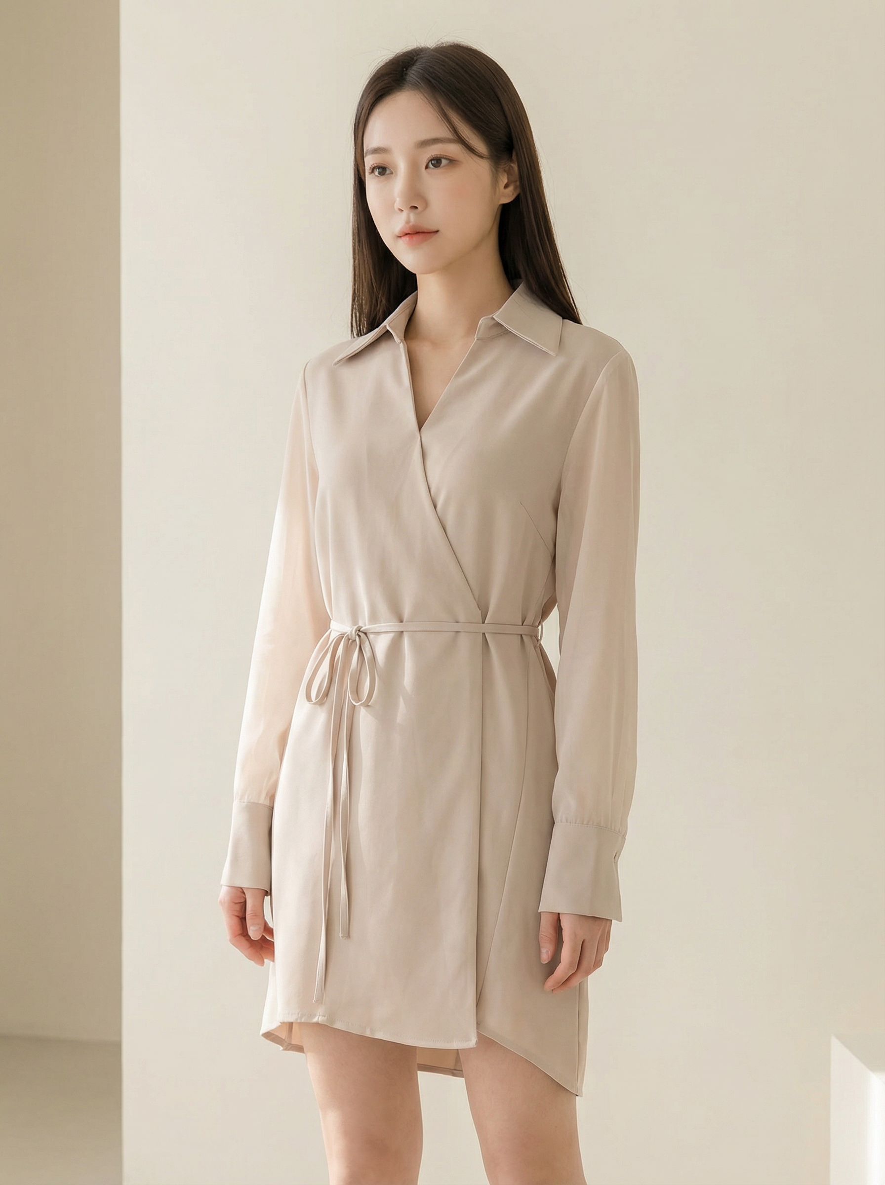 韩系V领宽松设计长袖连身裙  (ST21617)