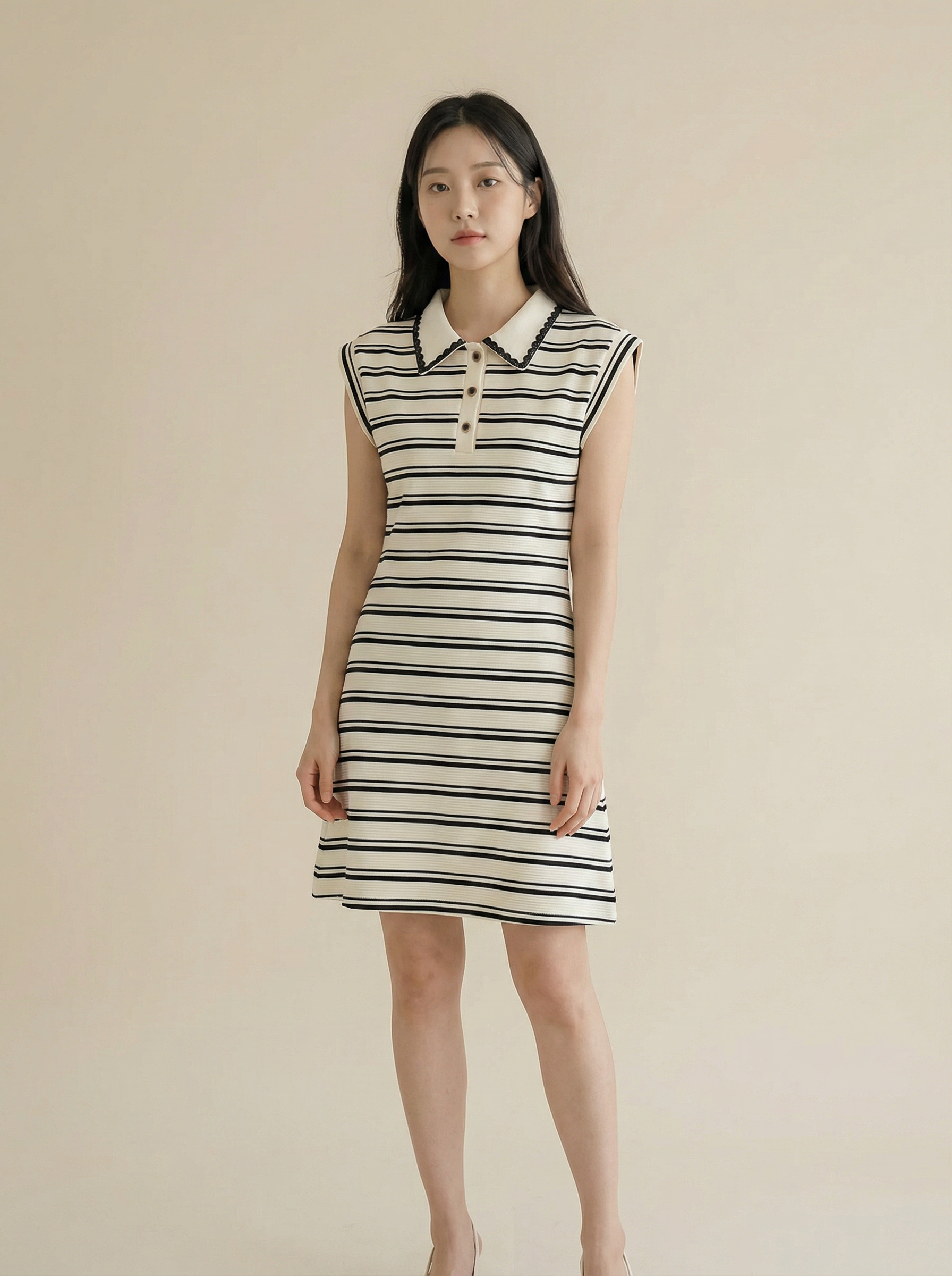 韩系翻领拼接蕾丝条纹连身裙 (ST21620)