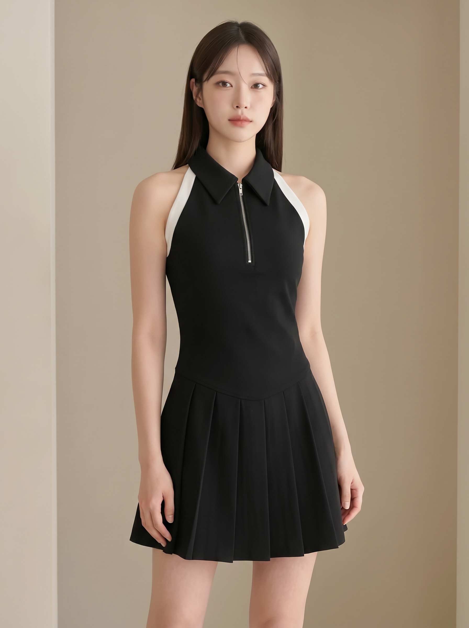 韩系削肩撞色设计百褶连身裙 (ST21629)