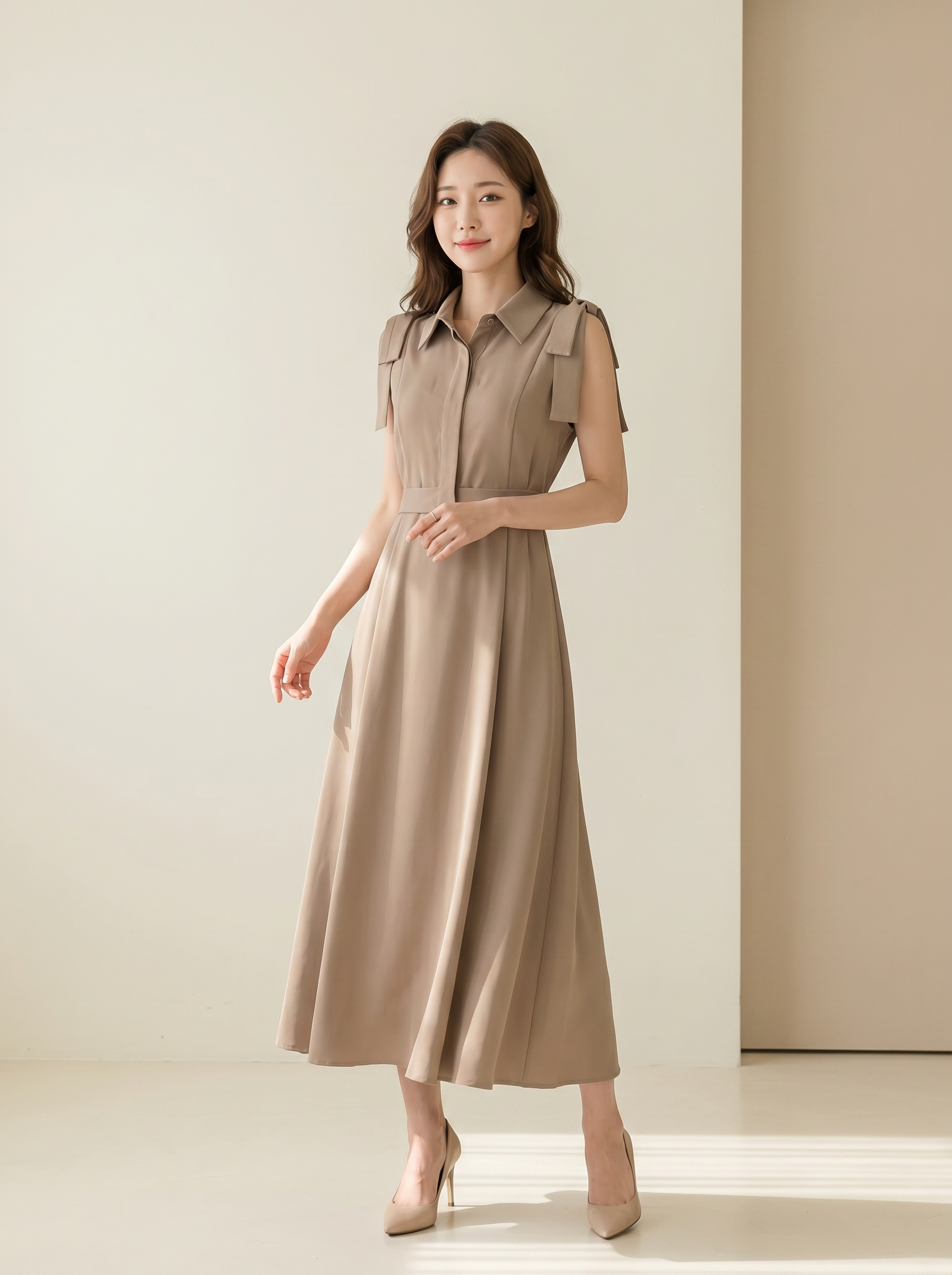 气质A字裙摆系带设计连身裙 (ST21627)