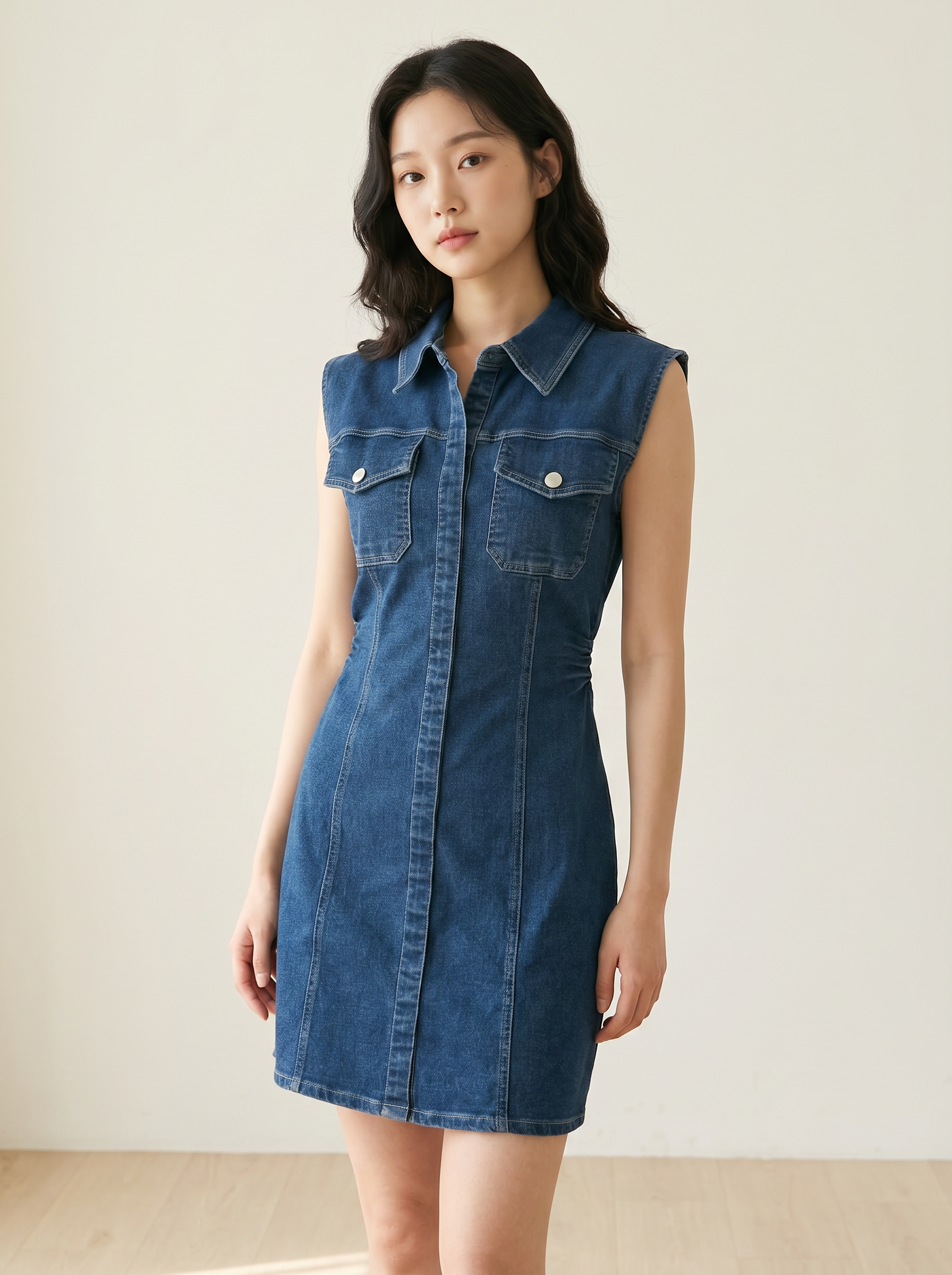 韩系ins风翻领皱褶收腰设计牛仔连身裙 (ST21628)