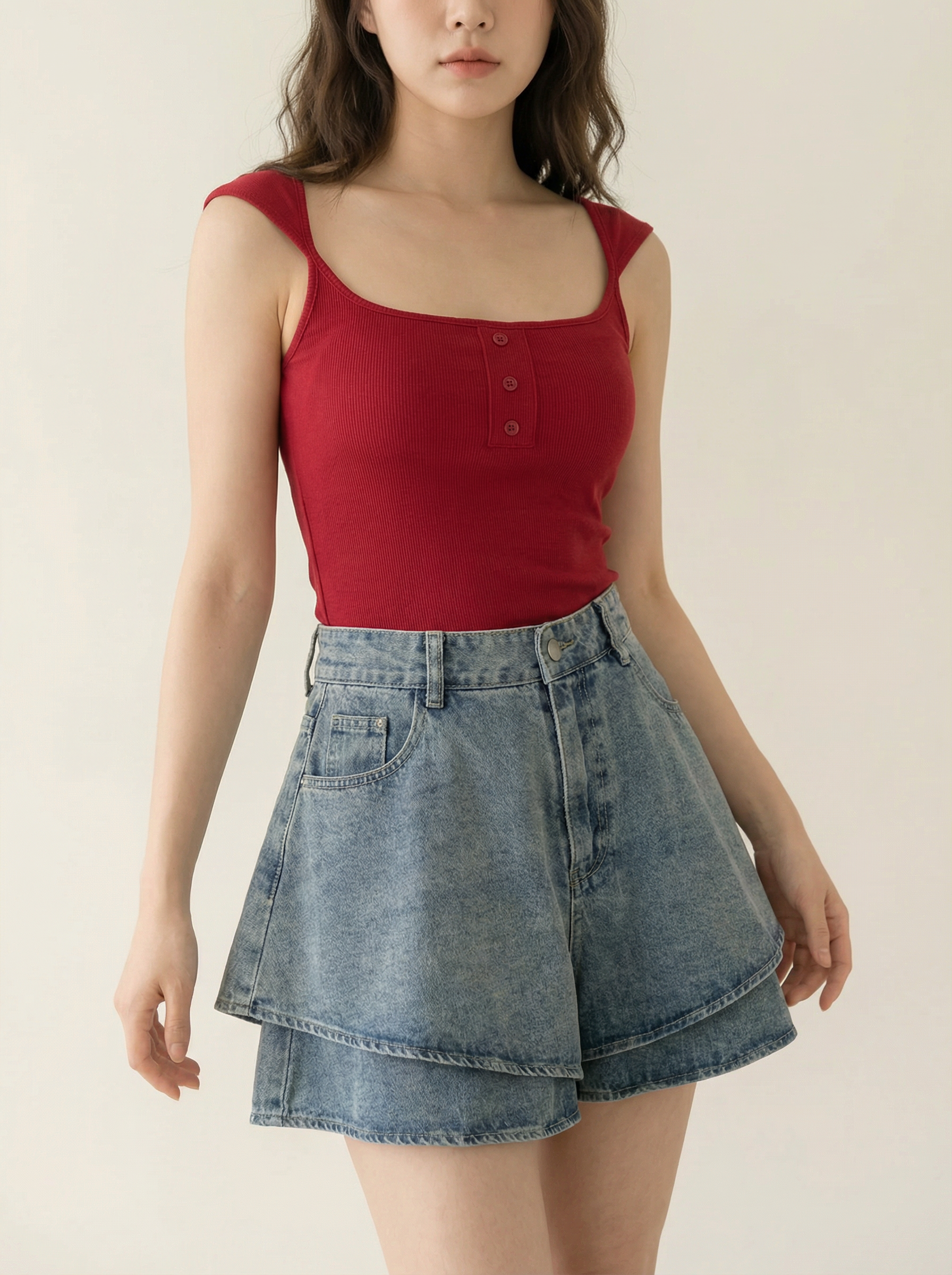 百搭假两件荷叶边阔腿高腰短裤 (J3585)