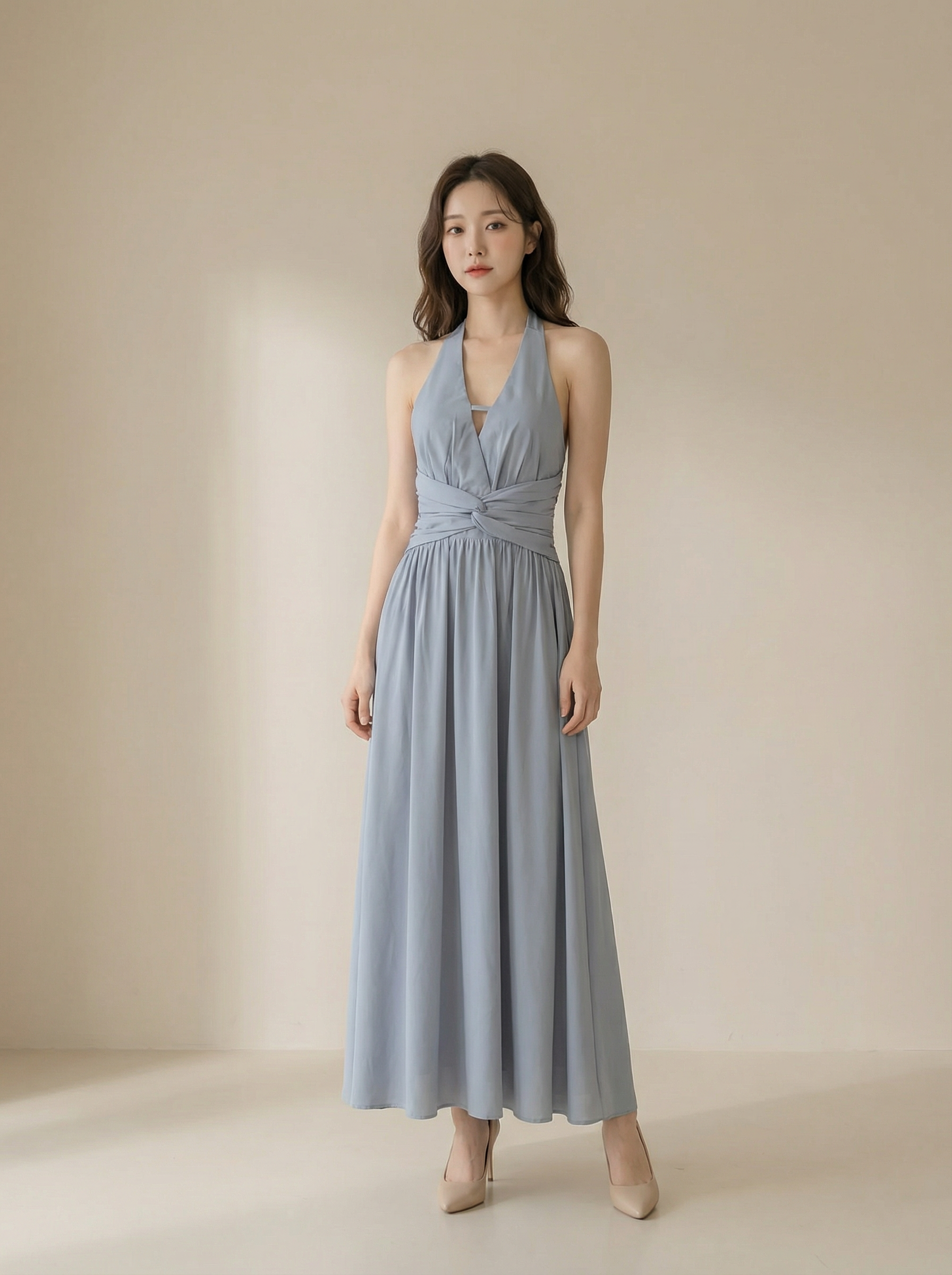 高级感V领系带设计挂脖连身裙 (ST21621)