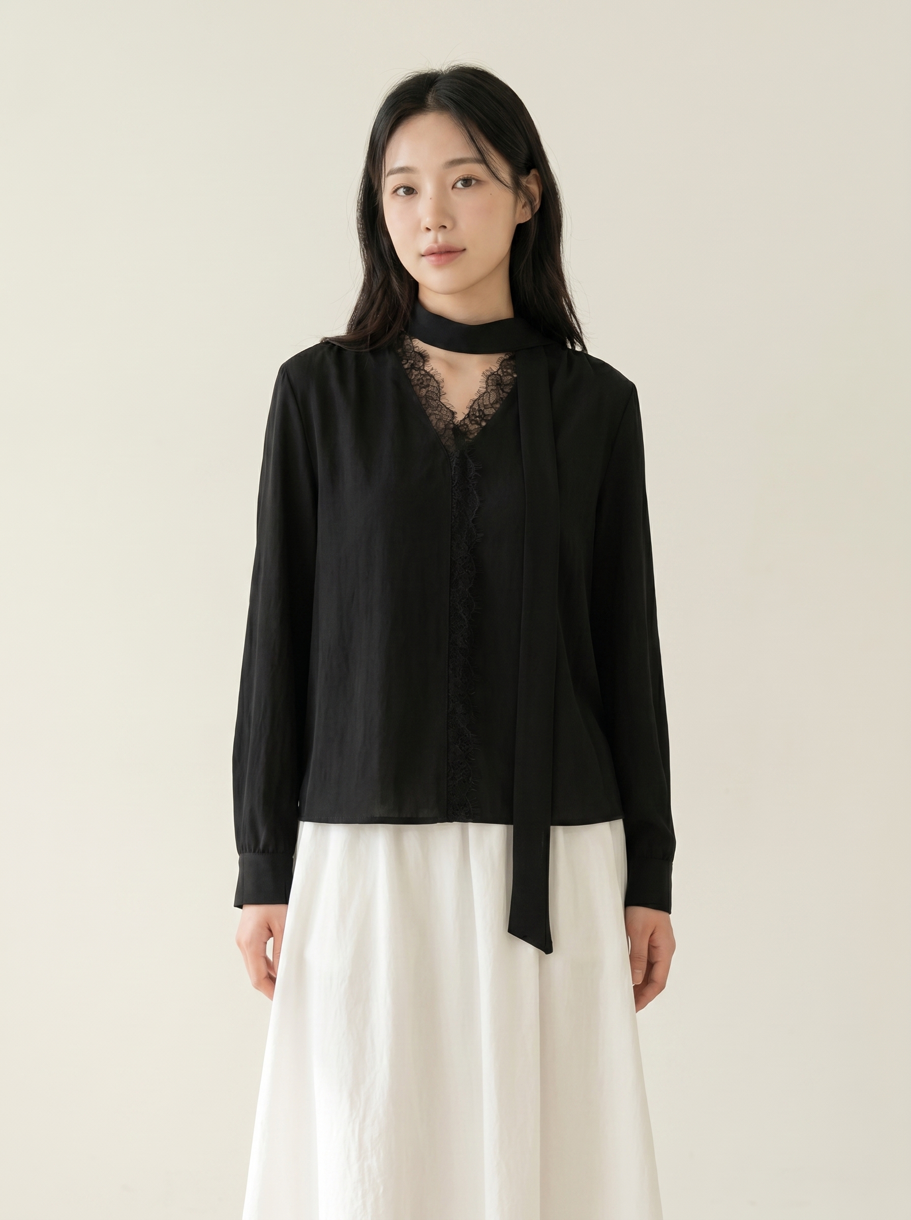 设计感V领蕾丝拼接飘带长袖上衣 (T90718)