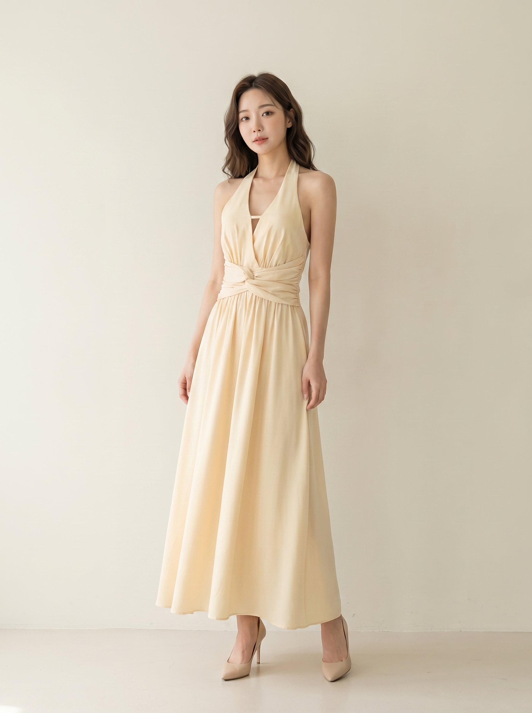 高级感V领系带设计挂脖连身裙 (ST21621)