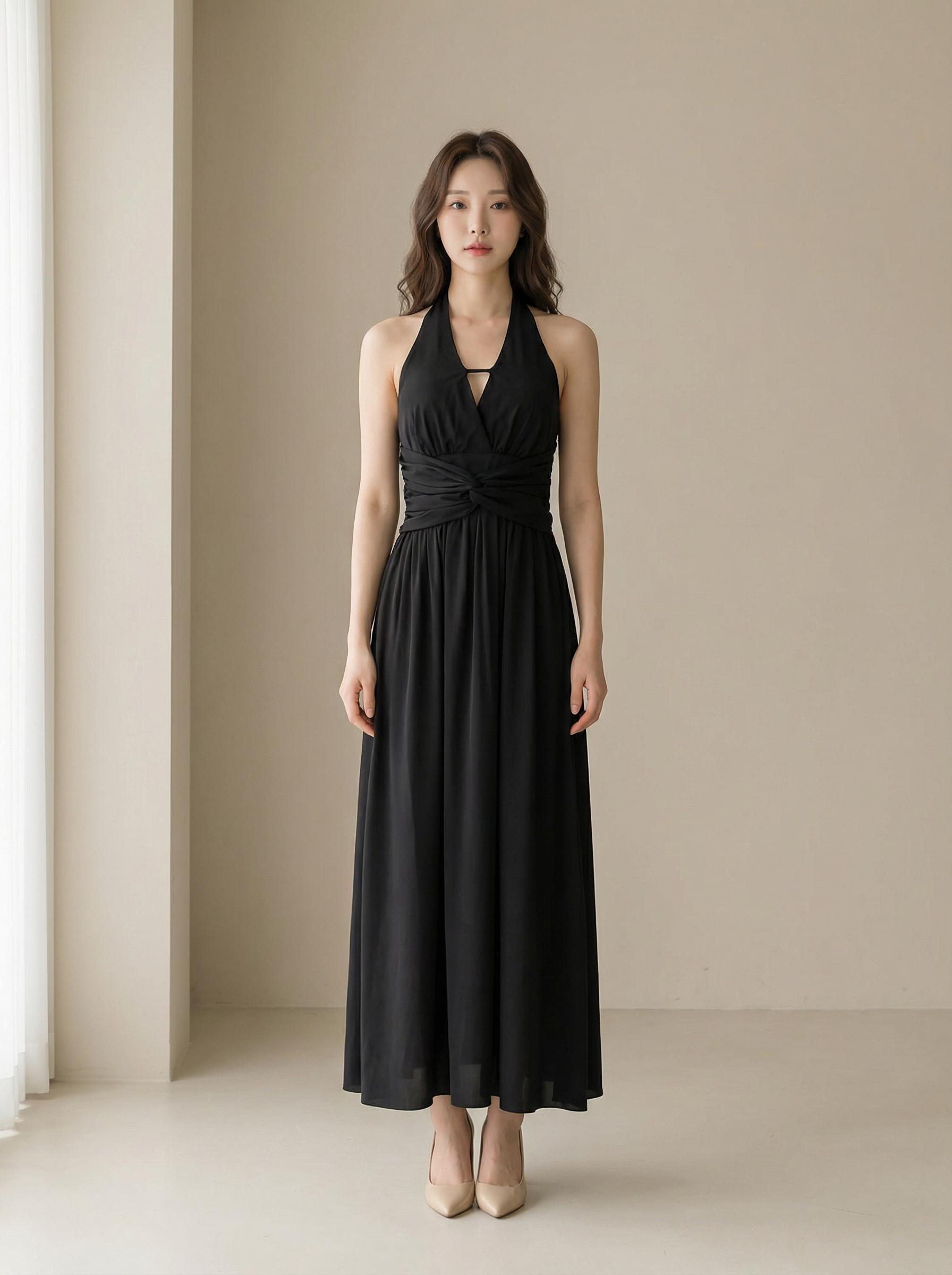 高级感V领系带设计挂脖连身裙 (ST21621)