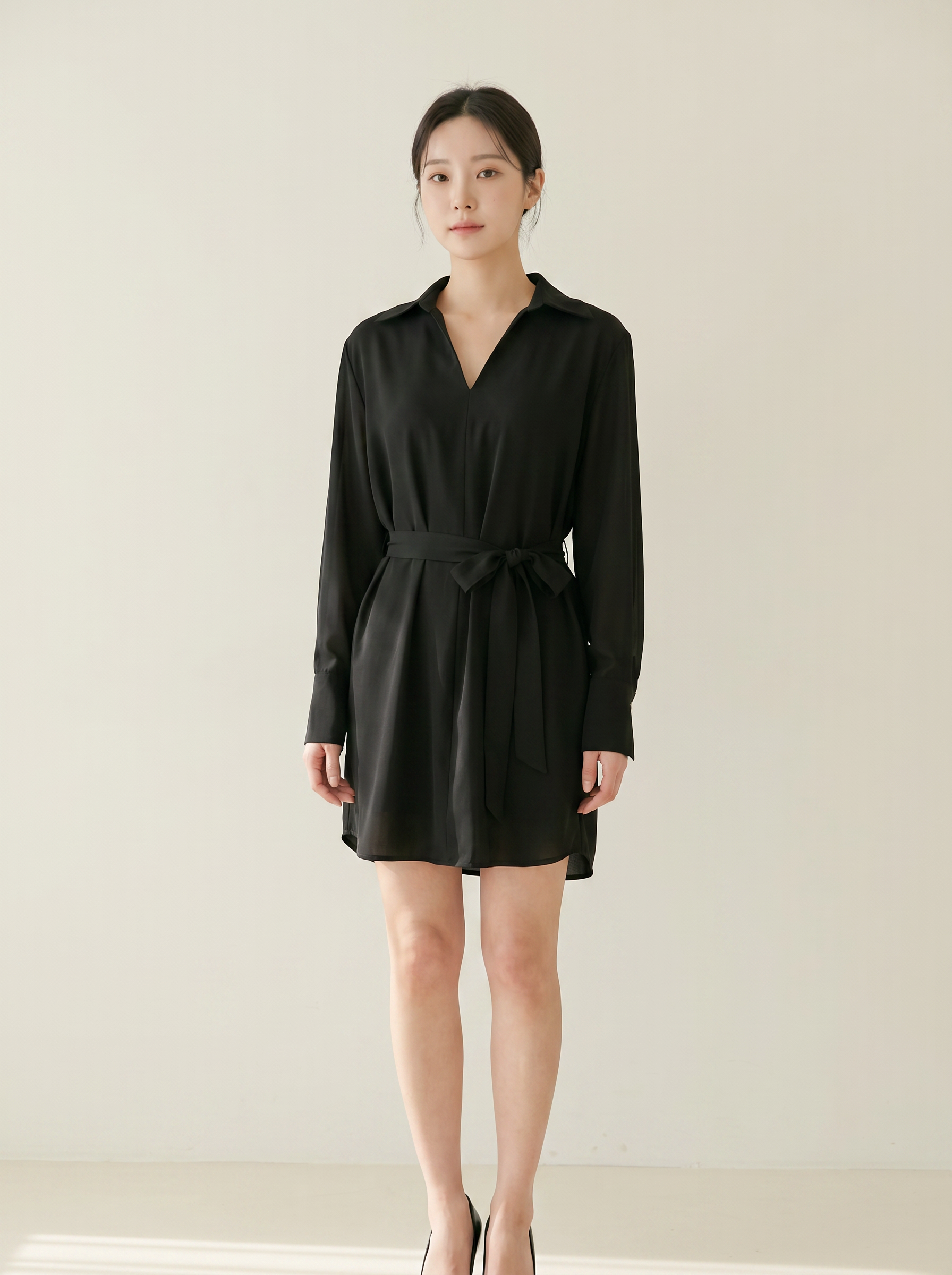 韩系V领宽松设计长袖连身裙  (ST21617)