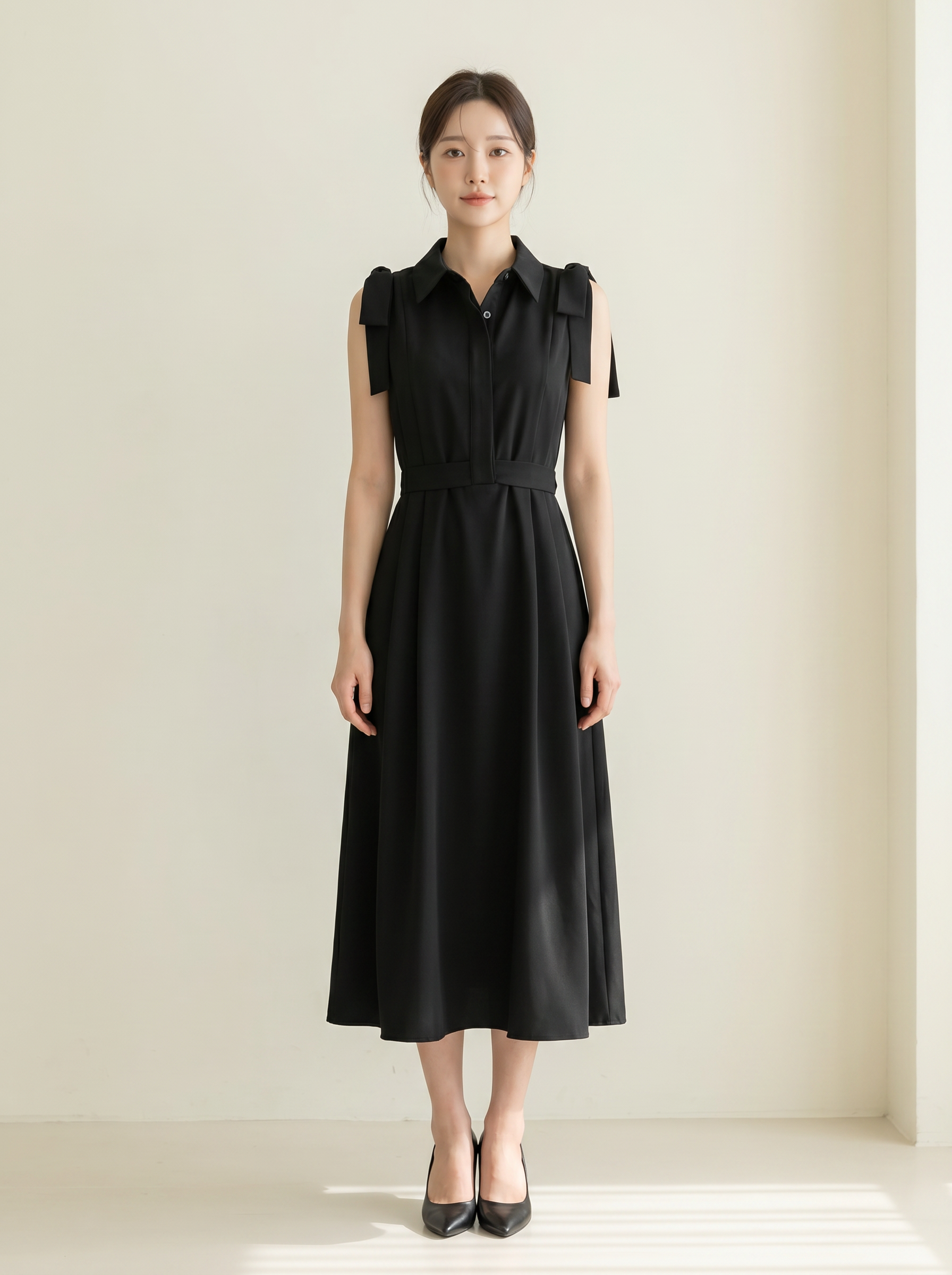 气质A字裙摆系带设计连身裙 (ST21627)