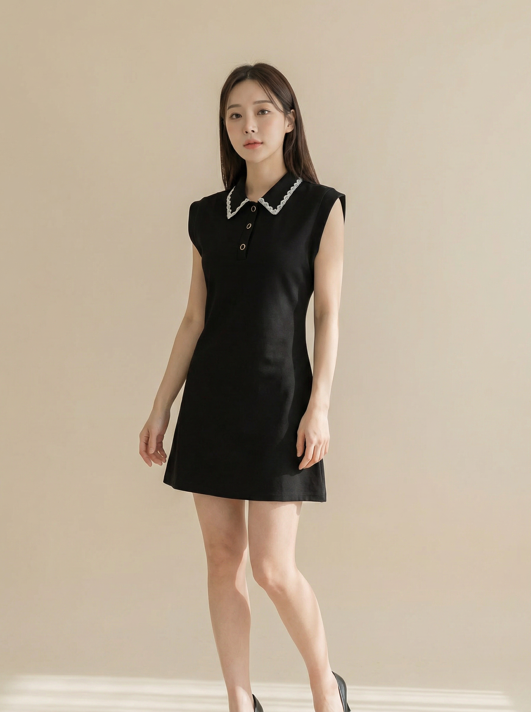 韩系翻领拼接蕾丝条纹连身裙 (ST21620)