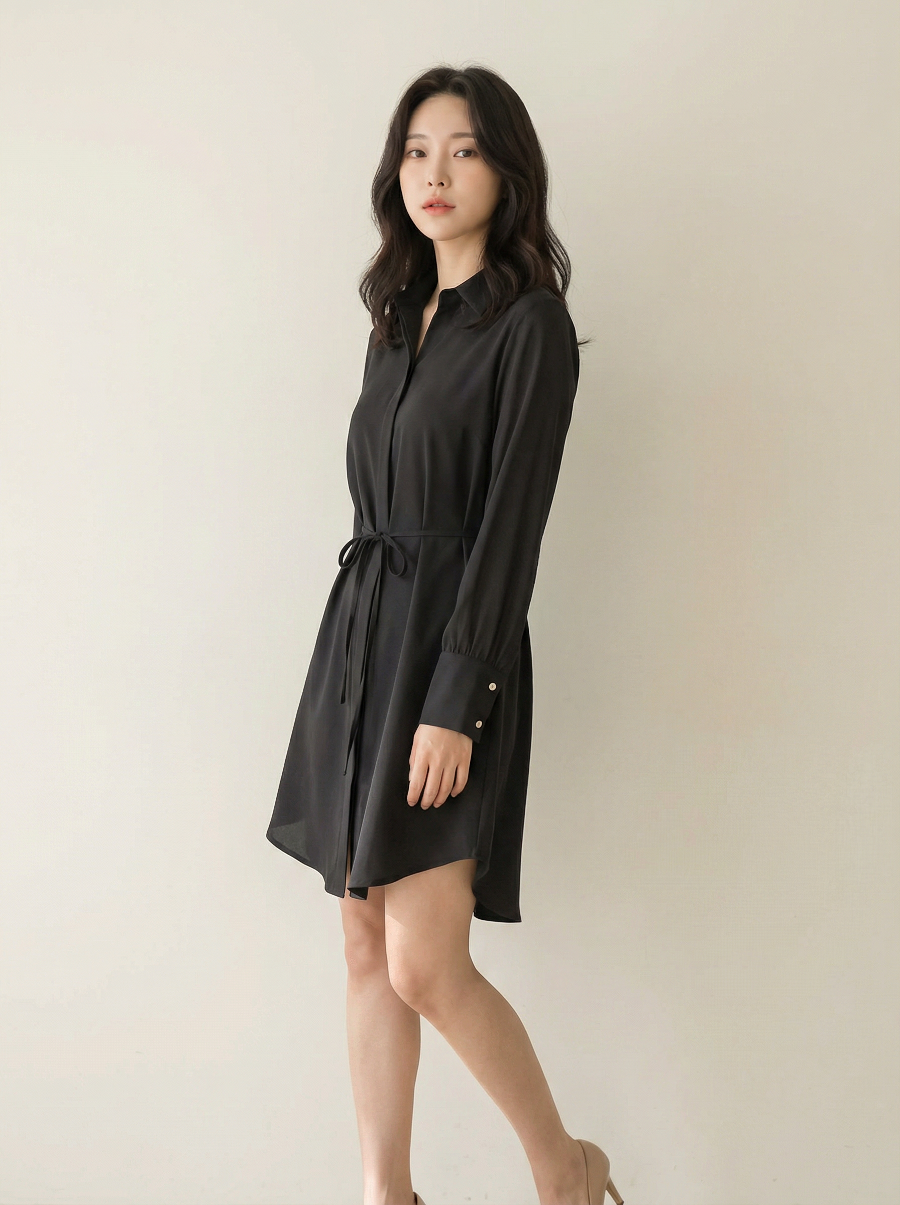 韩系V领宽松设计长袖连身裙  (ST21617)