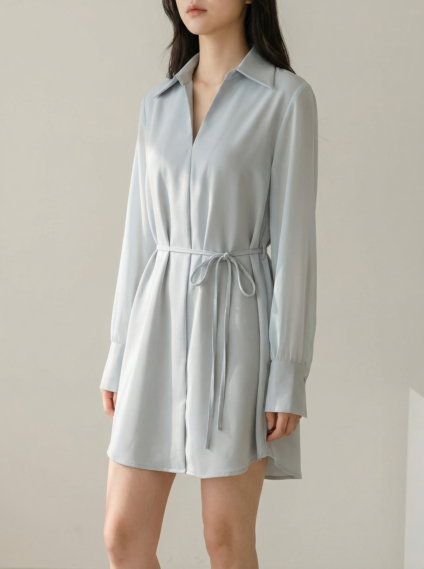 韩系V领宽松设计长袖连身裙  (ST21617)