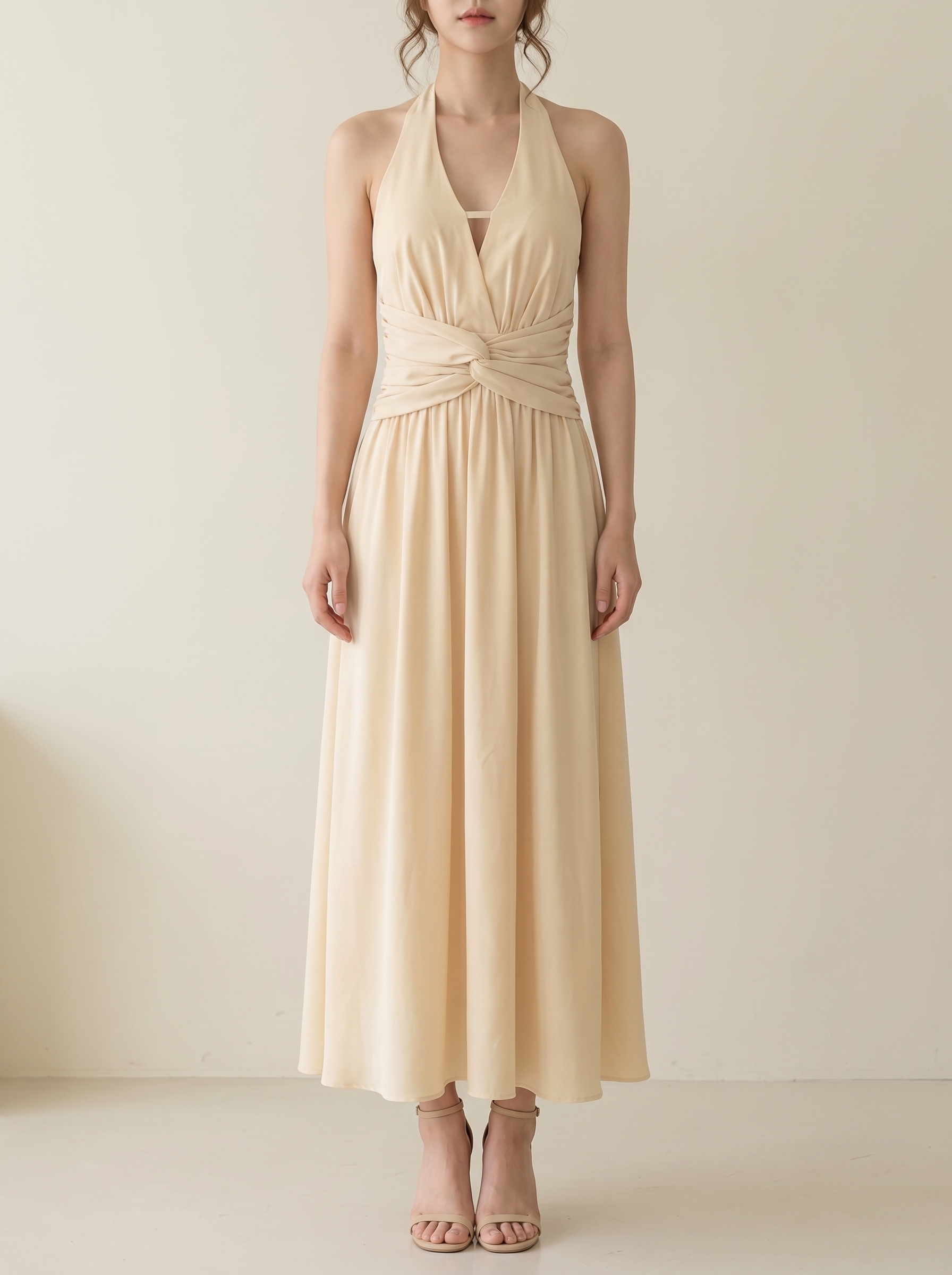 高级感V领系带设计挂脖连身裙 (ST21621)