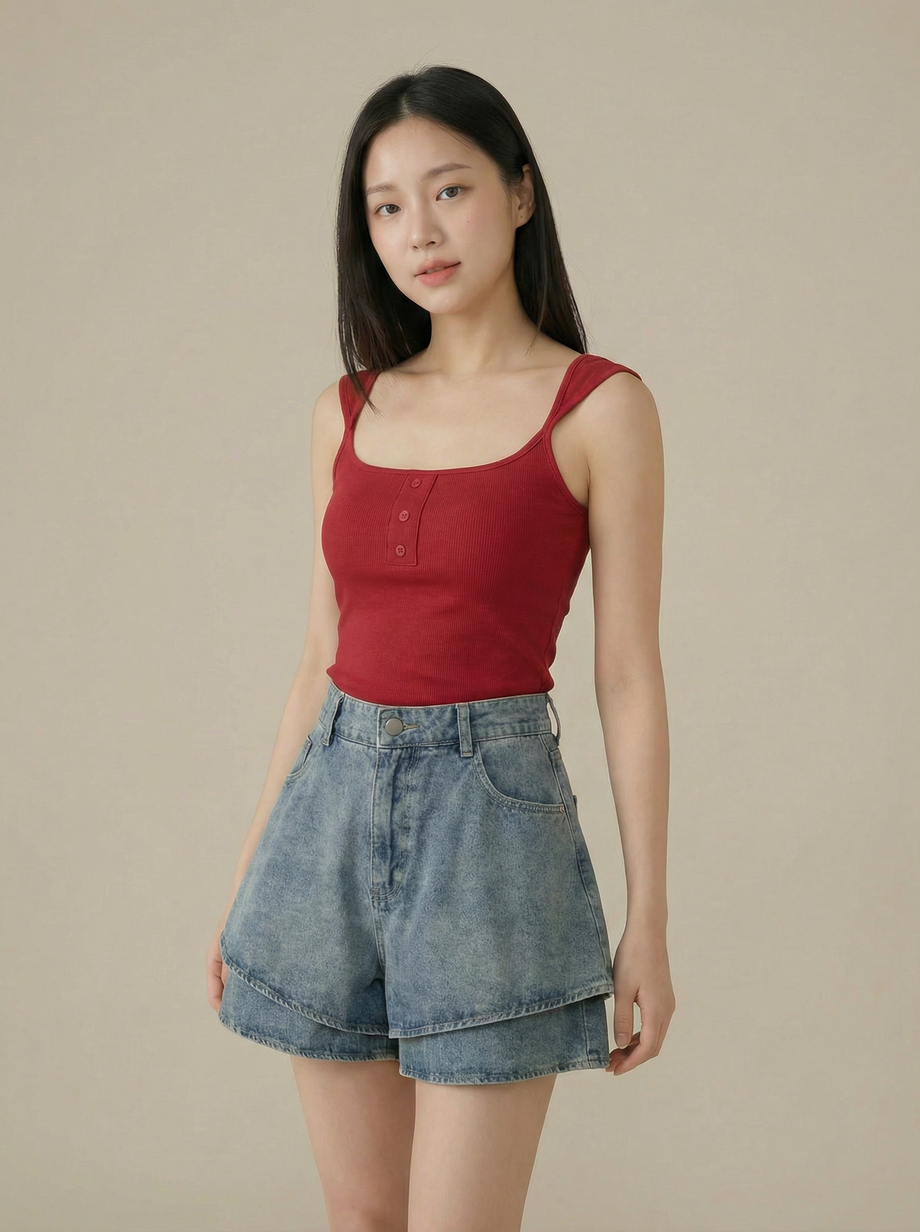 百搭假两件荷叶边阔腿高腰短裤 (J3585)