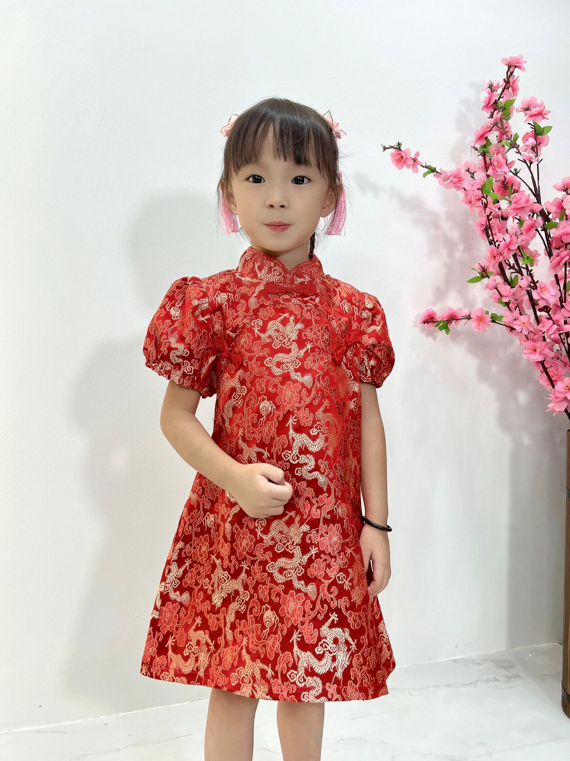 预购【LBP亲子系列】复古盘扣设计小孩泡泡袖A字旗袍 (F70104-女孩版)