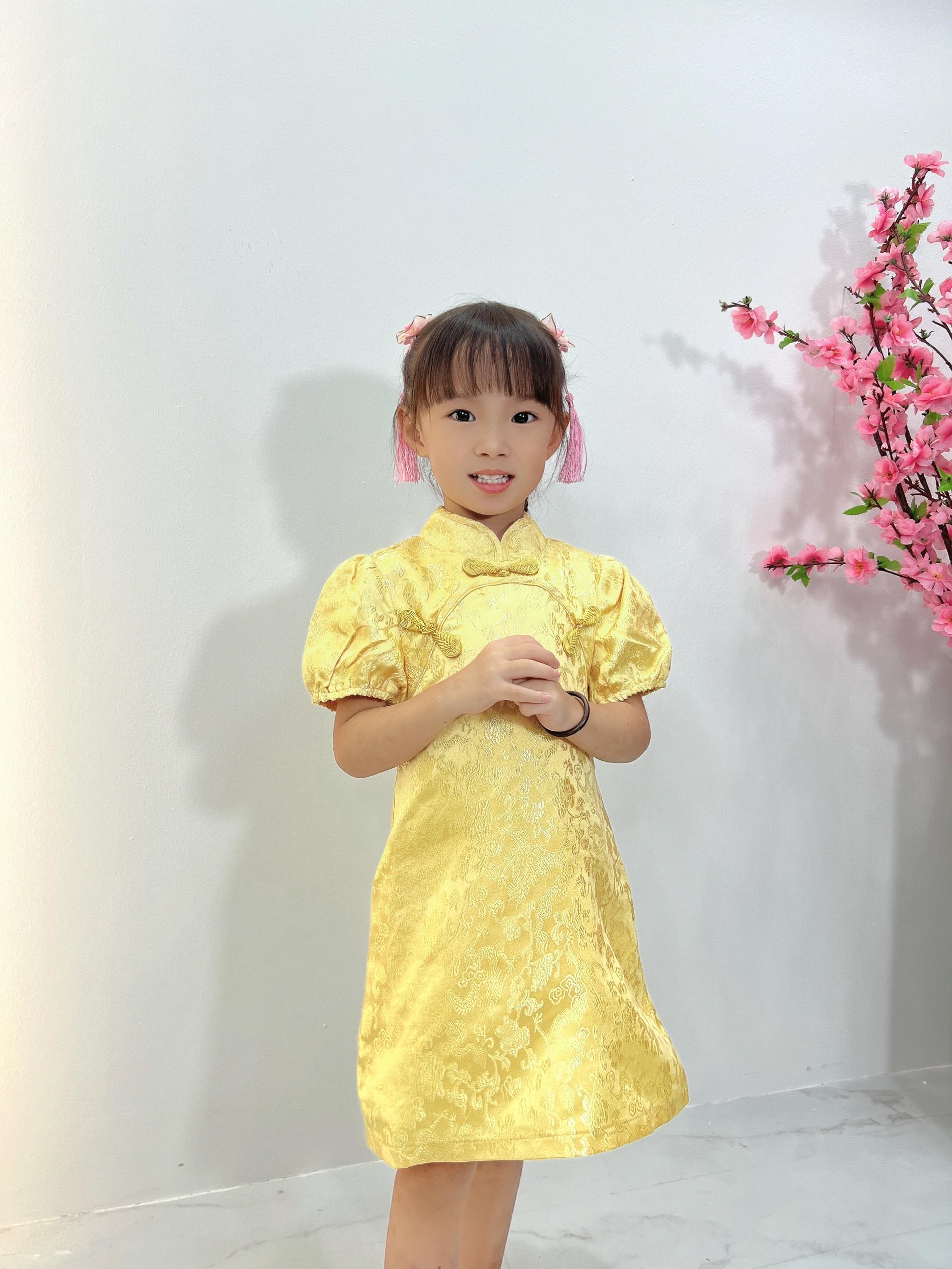 预购【LBP亲子系列】复古盘扣设计小孩泡泡袖A字旗袍 (F70104-女孩版)
