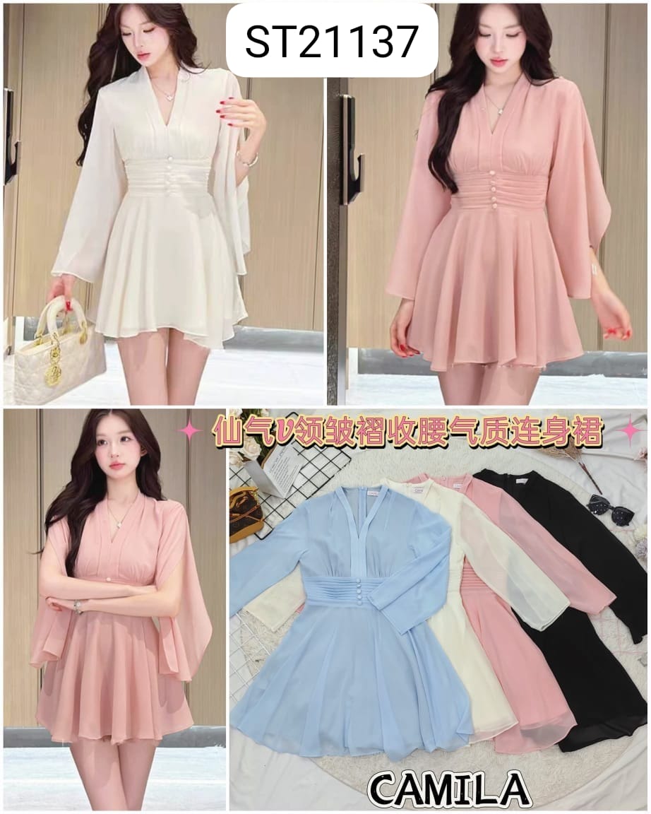 仙女V领皱褶收腰连身裙 (ST21137)  - 特价-La'Belle Fashion Boutique Sdn Bhd