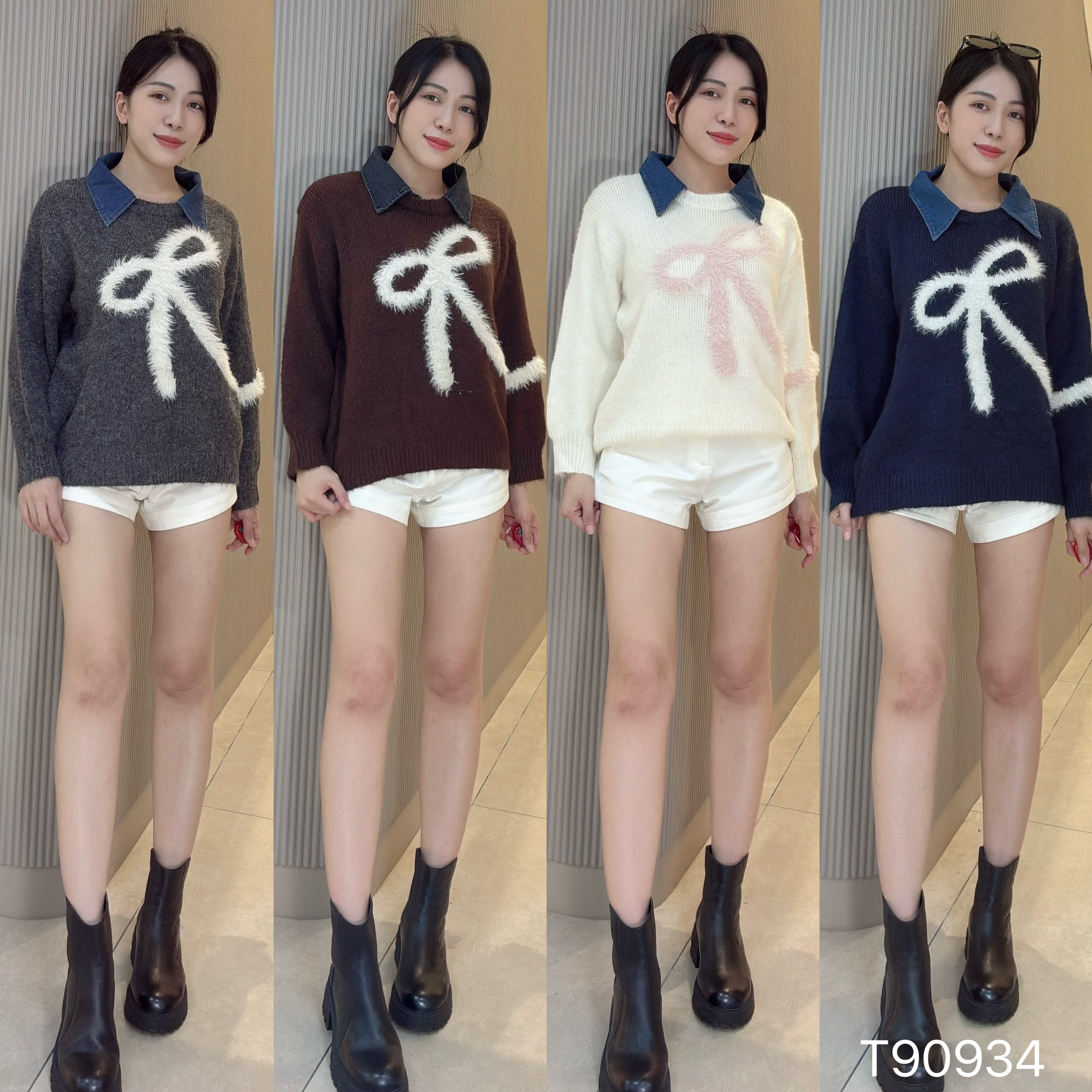 韩系学院风牛仔翻领蝴蝶结宽松上衣 (T90934)