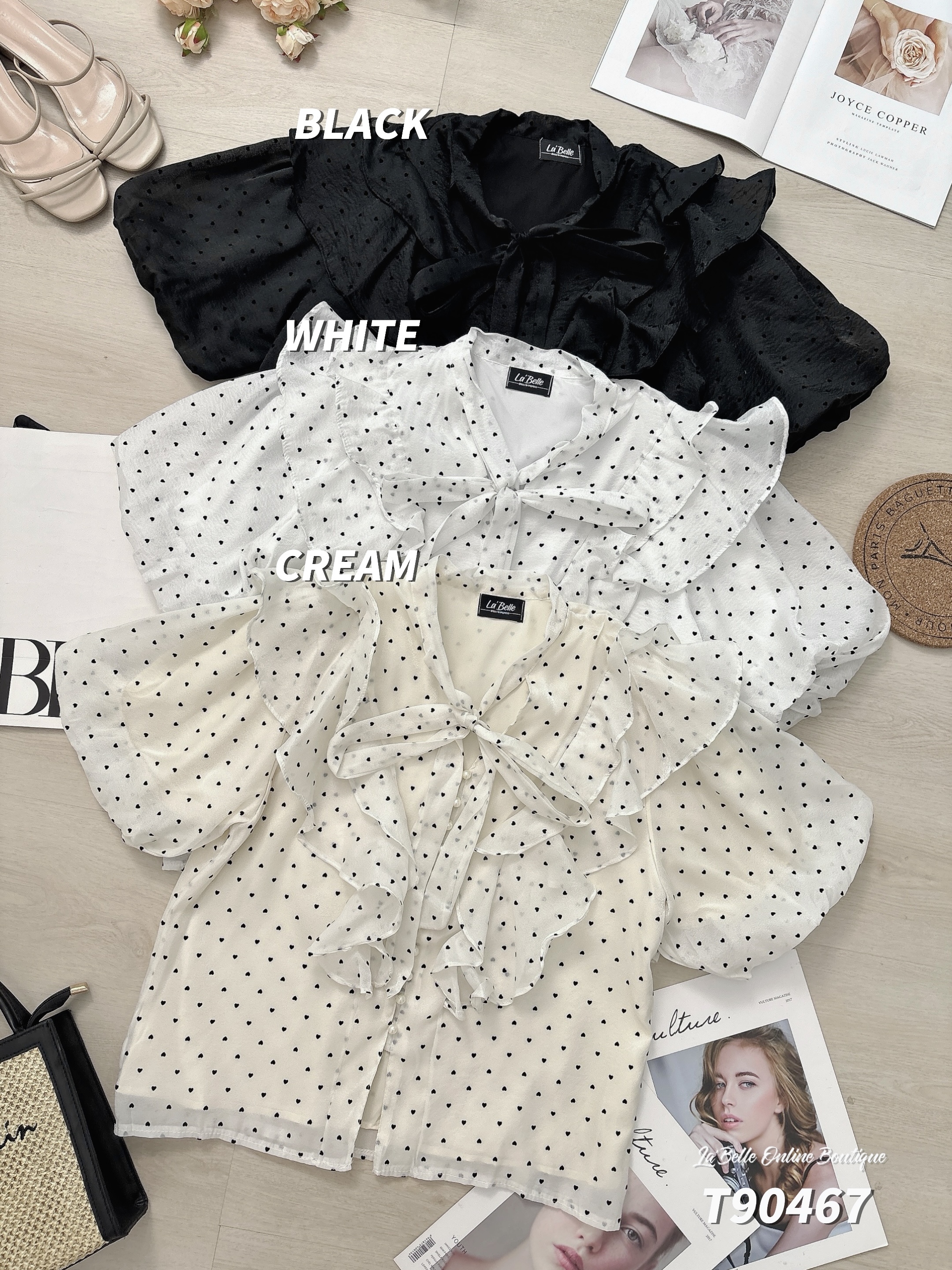 甜美荷叶边爱心波点设计V领上衣 (T90467)