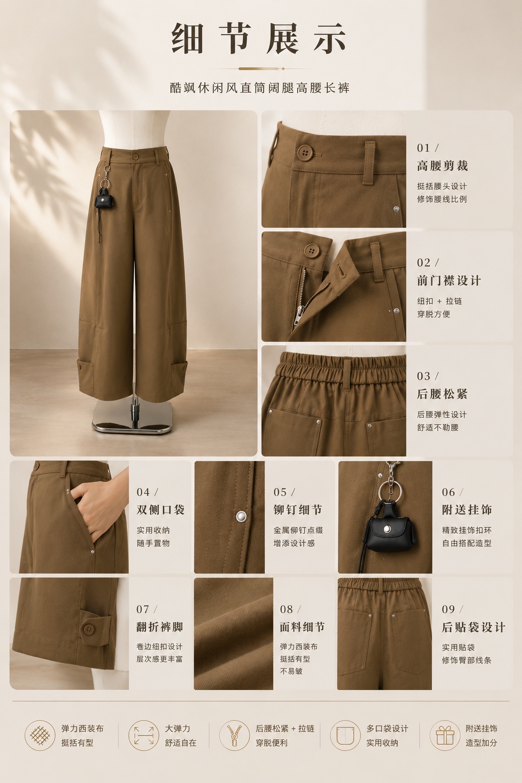 酷飒休闲风直筒阔腿高腰长裤 (P40261)