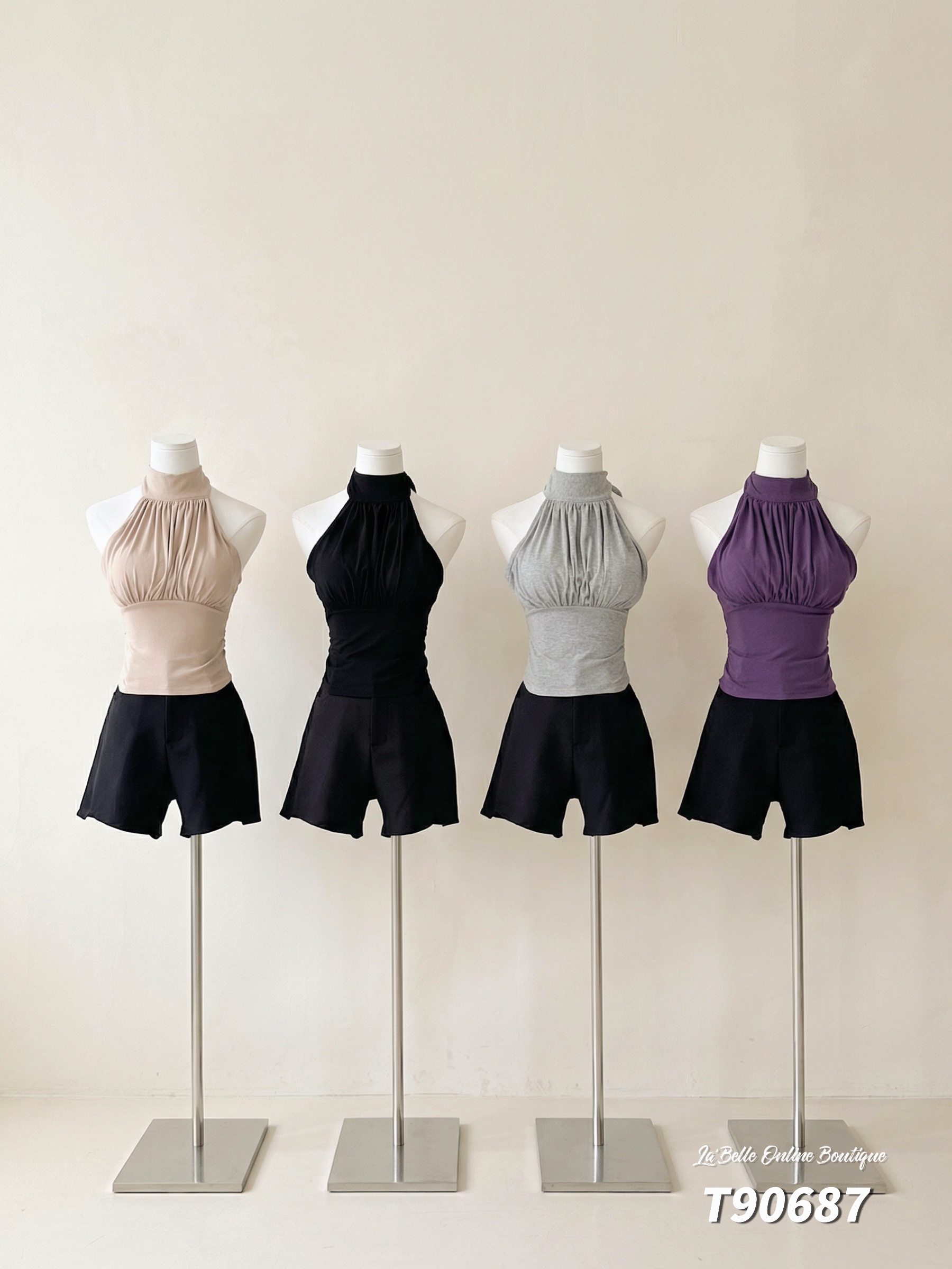 纯欲风褶皱挂脖绑带美背上衣 (T90687)