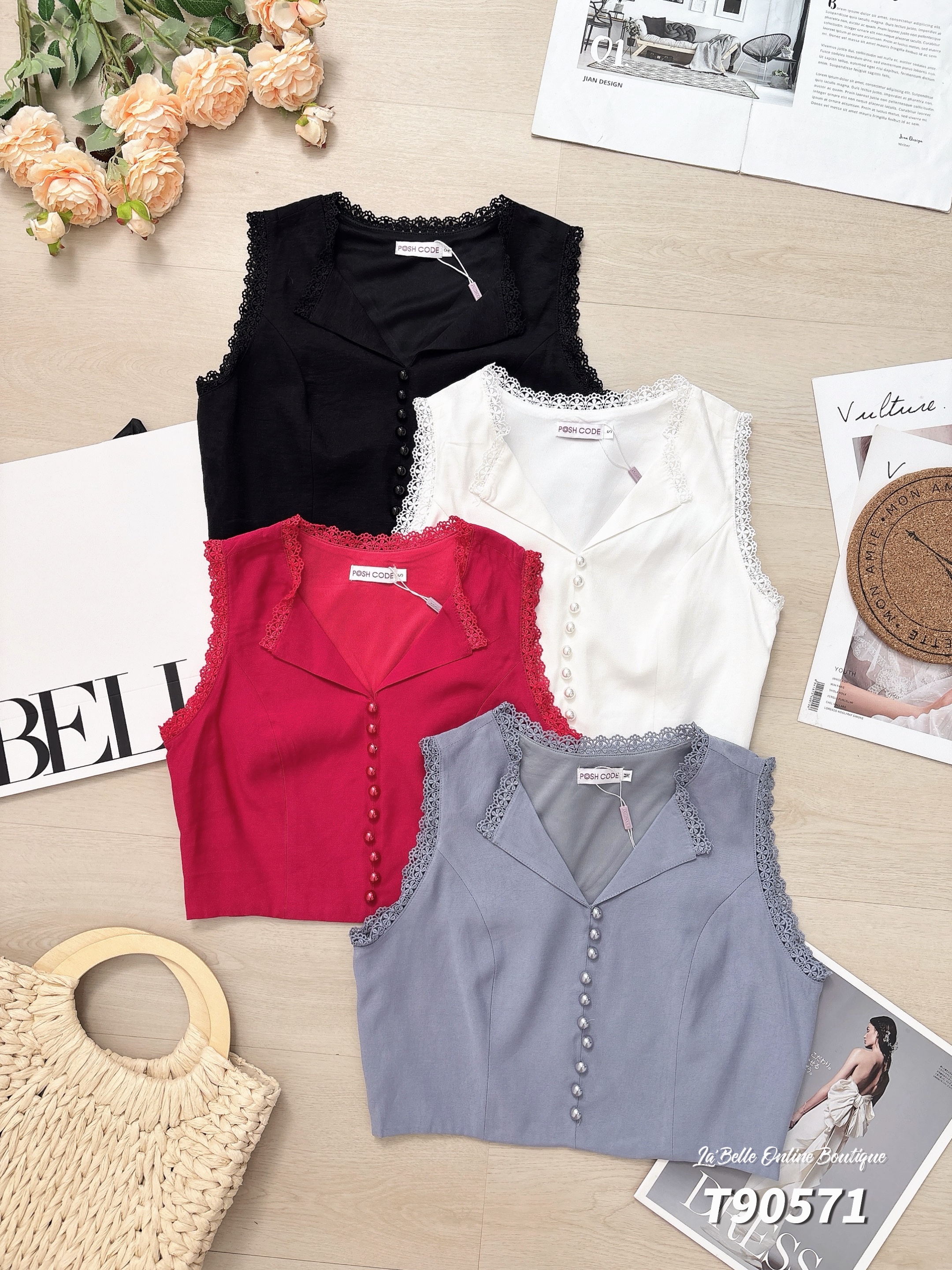 时尚蕾丝拼接设计V领无袖上衣 (T90571)