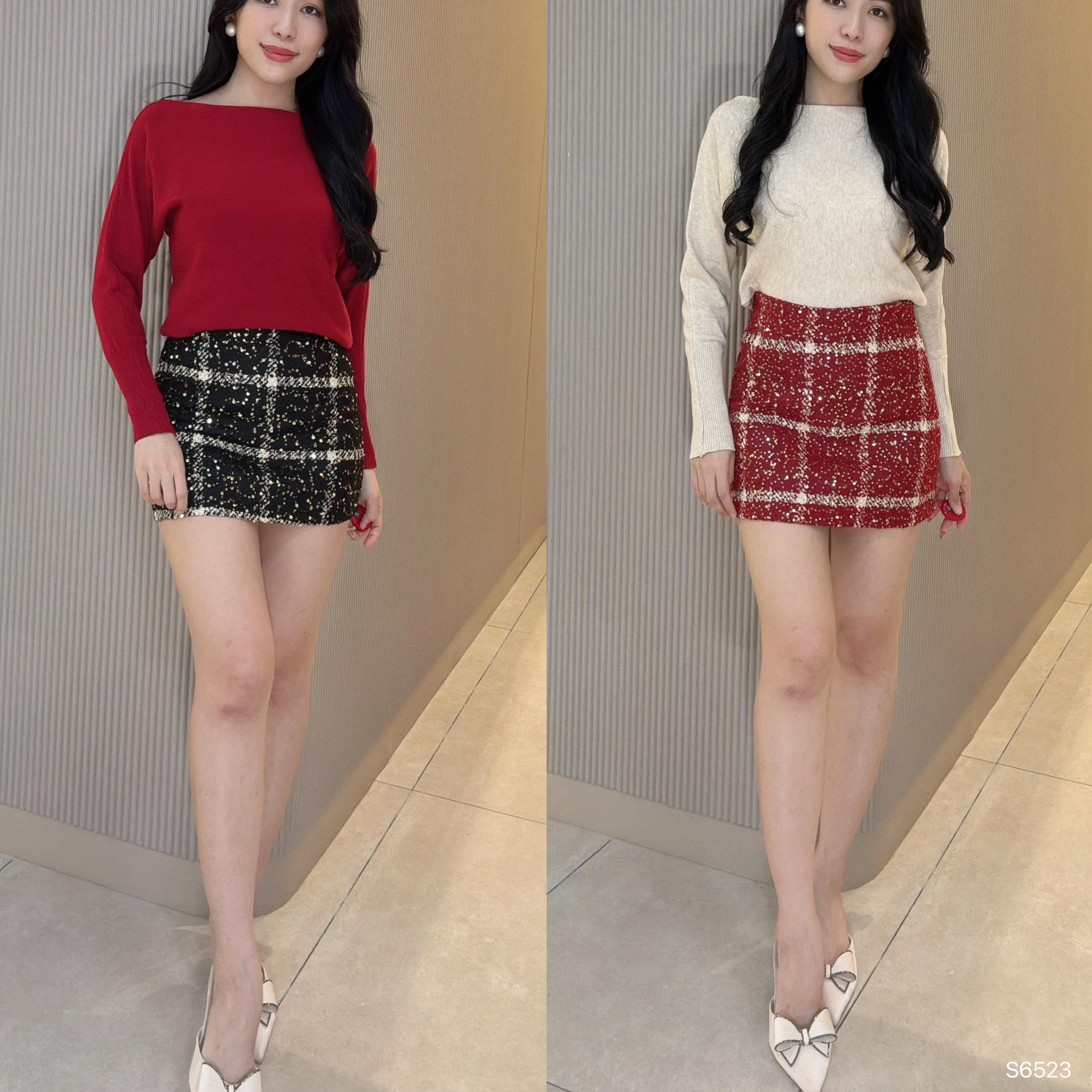 小香风亮片格子高腰短裙 (S6523)