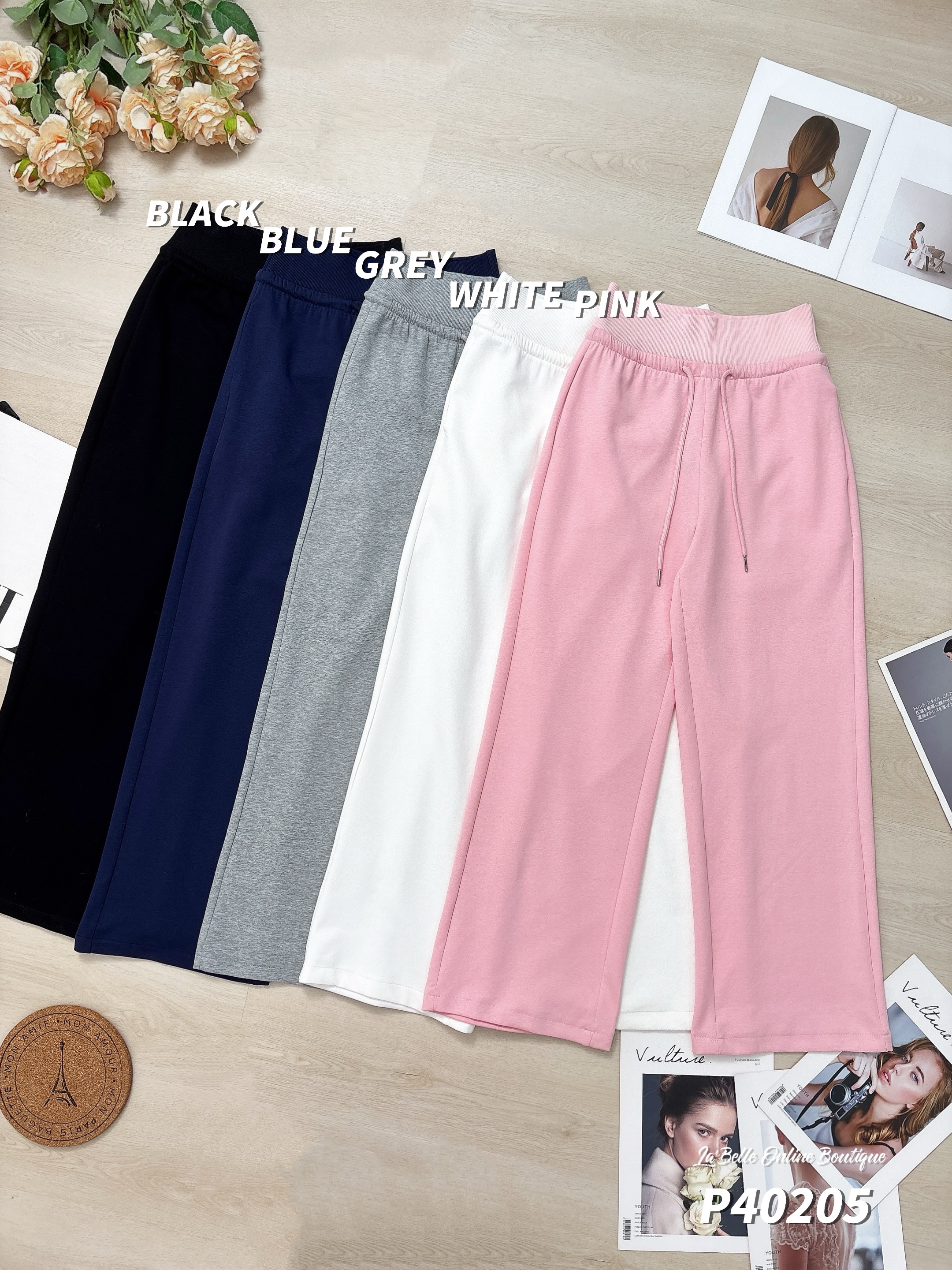 休闲抽绳设计直筒阔腿长裤 (P40205)