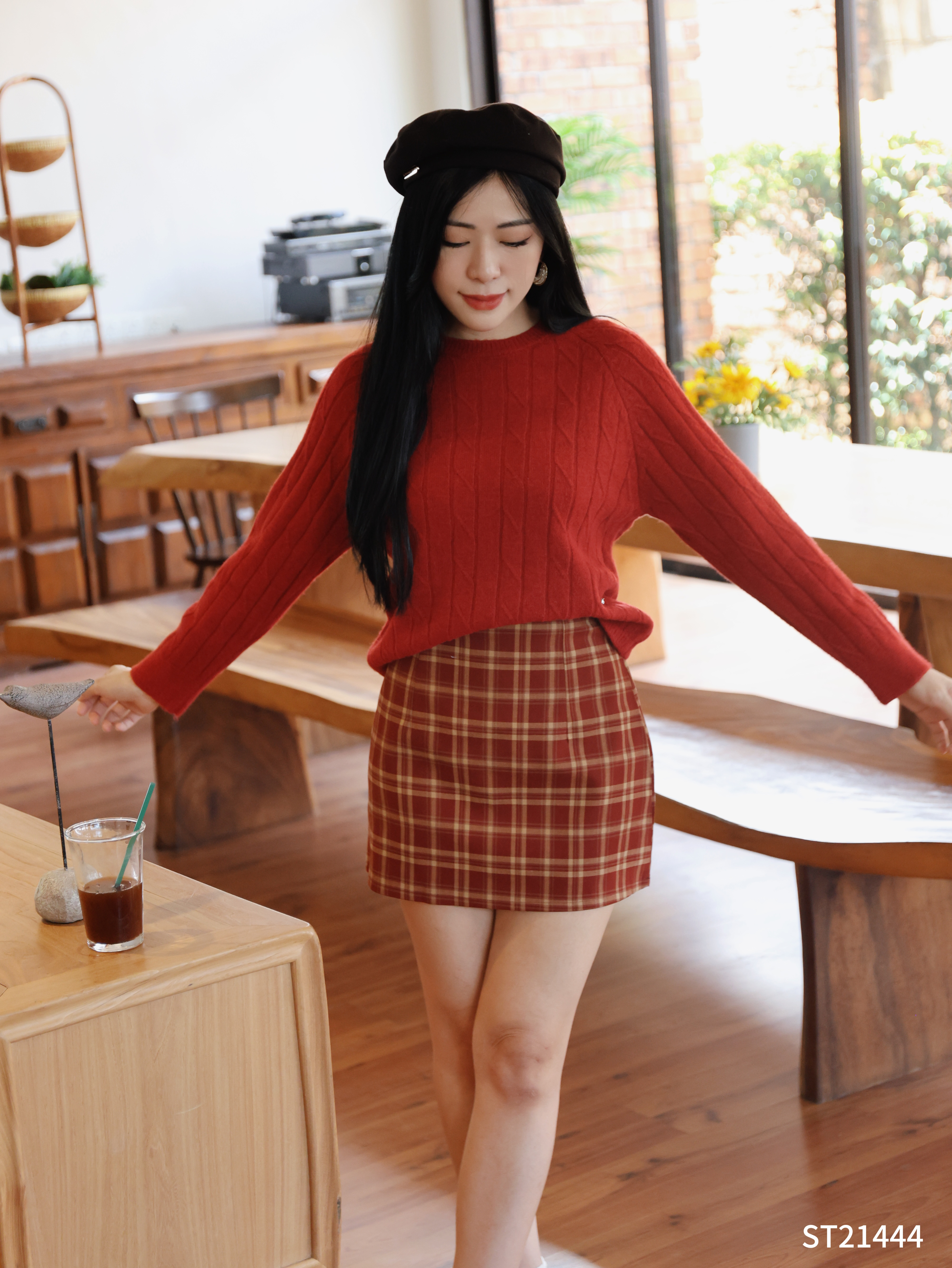 【LATTE NOON】复古格子设计A字高腰包臀裙 (ST21444)