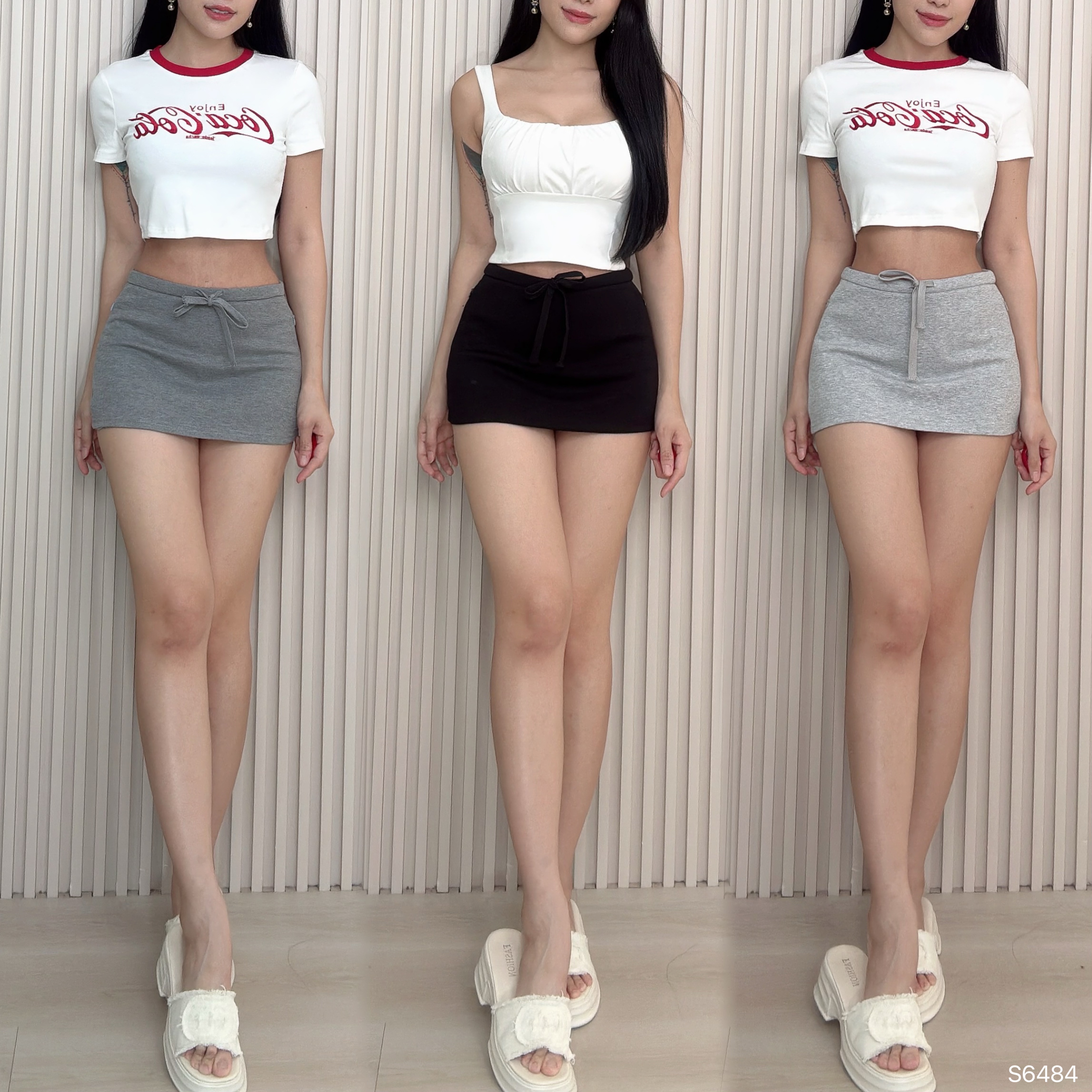 休闲抽绳设计阔腿高腰裤裙 (S6484)