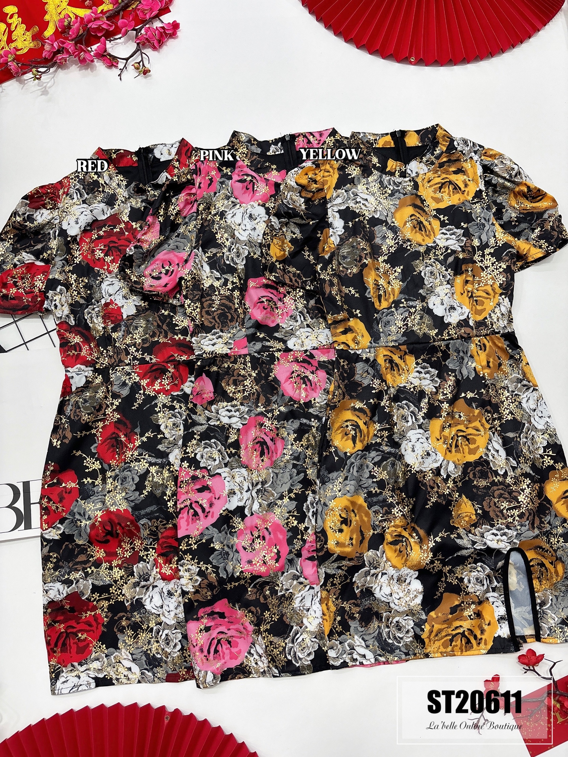 【LBP独家】复古风印花开叉设计改良版旗袍连身裙（ST20611）