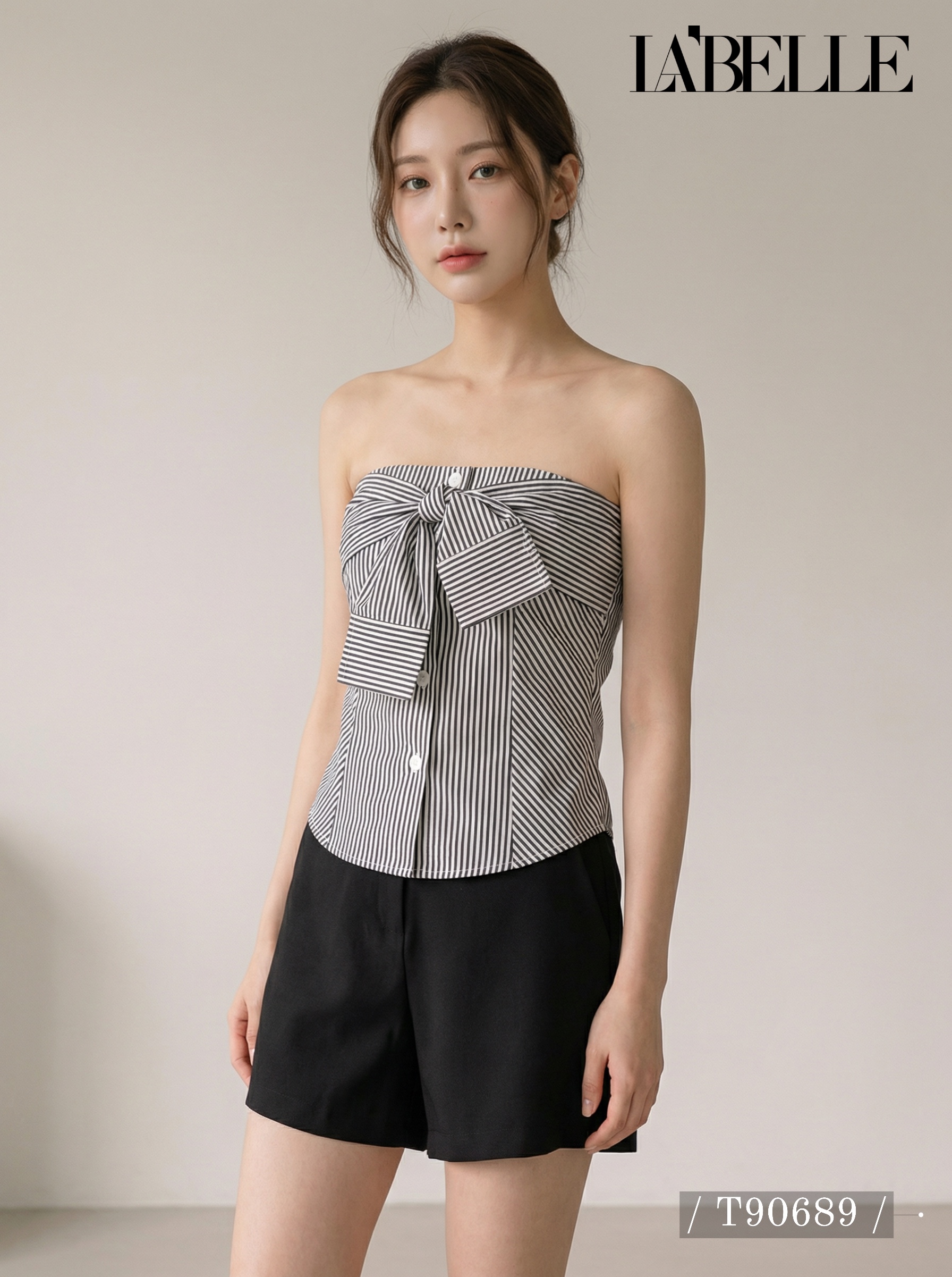 法式条纹交叉设计抹胸上衣 (T90689)