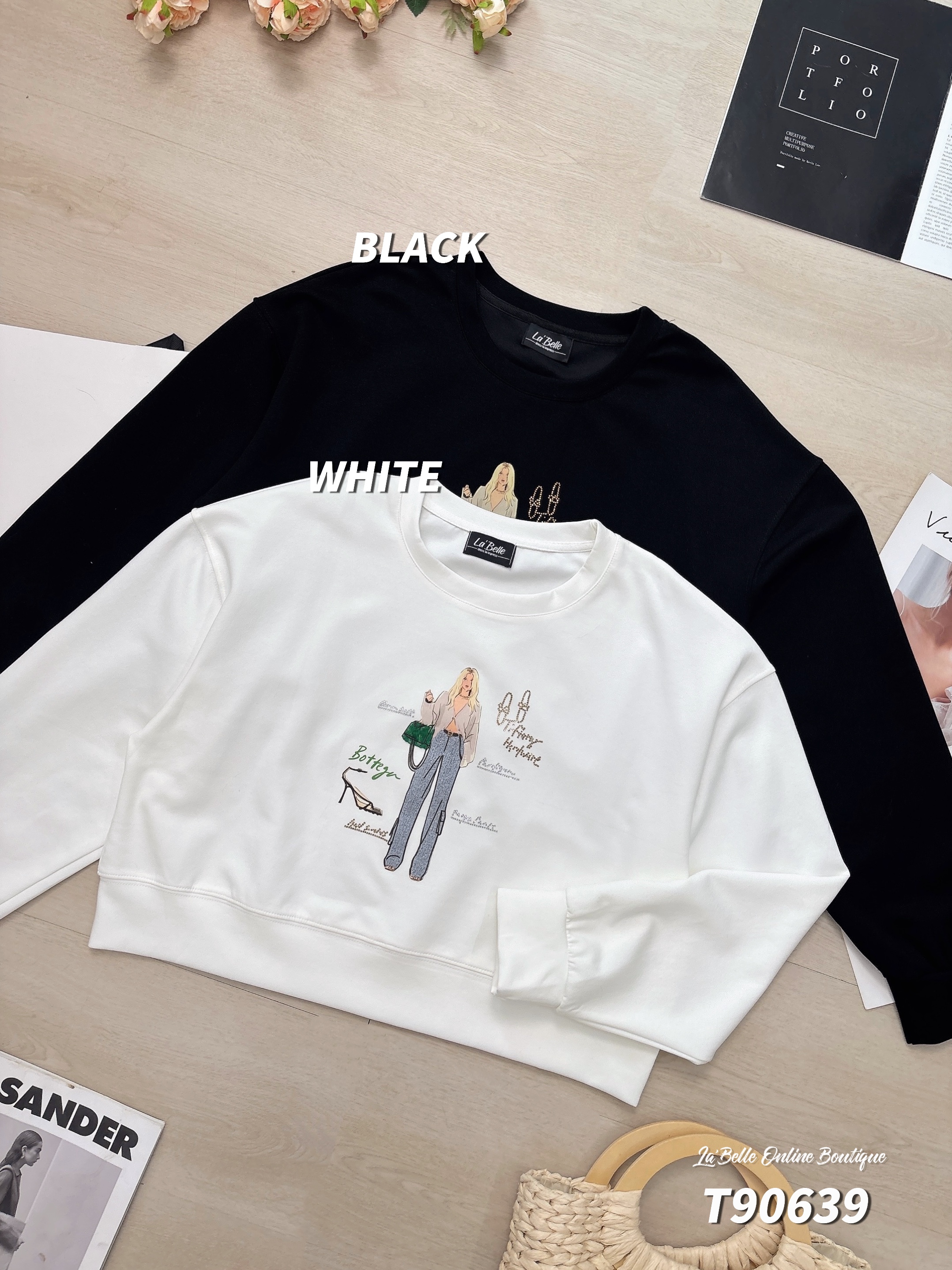 休闲风插画烫钻设计长袖上衣 (T90639)