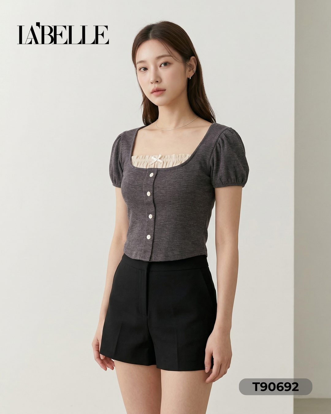 时尚洋气方领假两件泡泡袖上衣 (T90692)