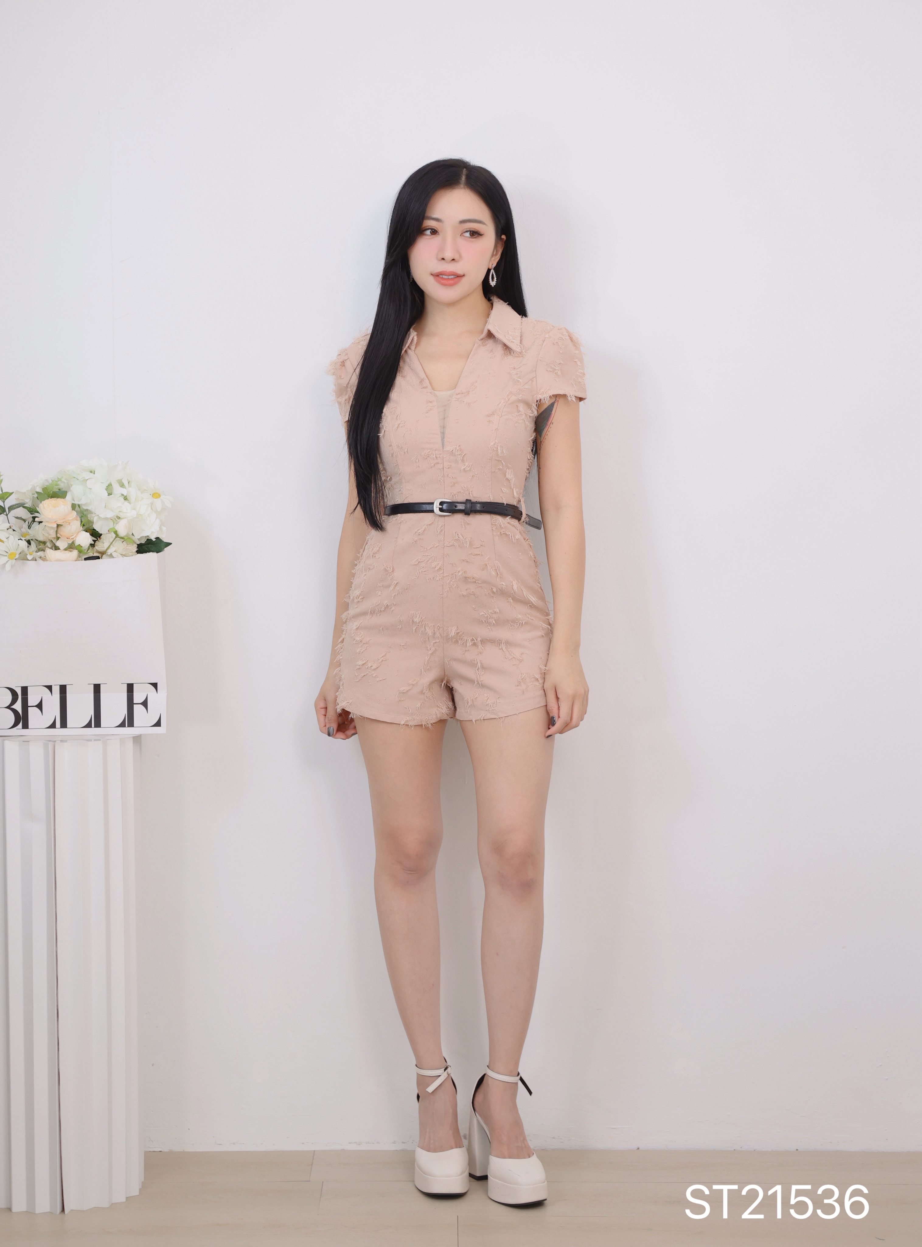 小香风微透V领流苏设计连身裤 (ST21536)