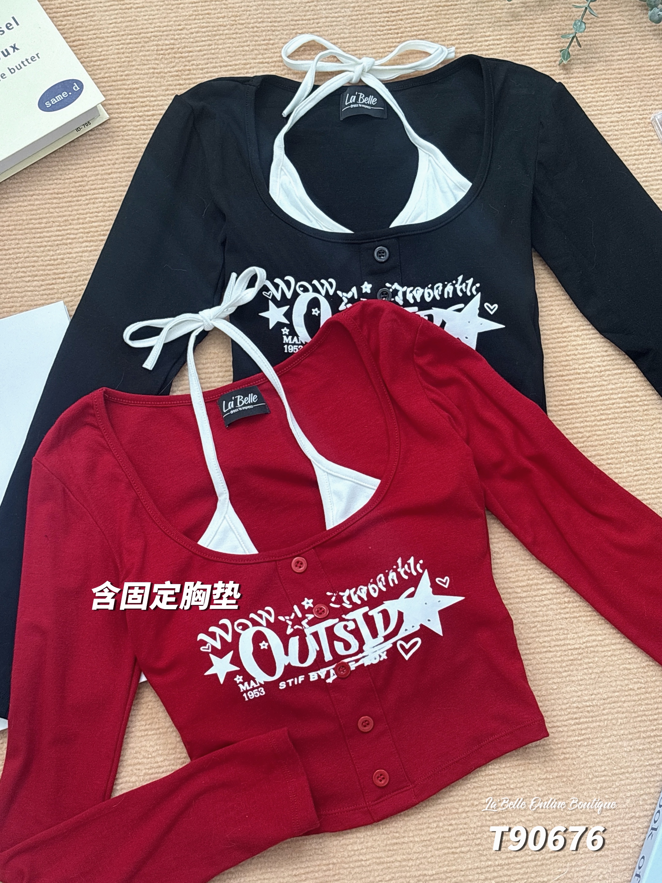 欧美假两件挂脖长袖上衣 （T90676）