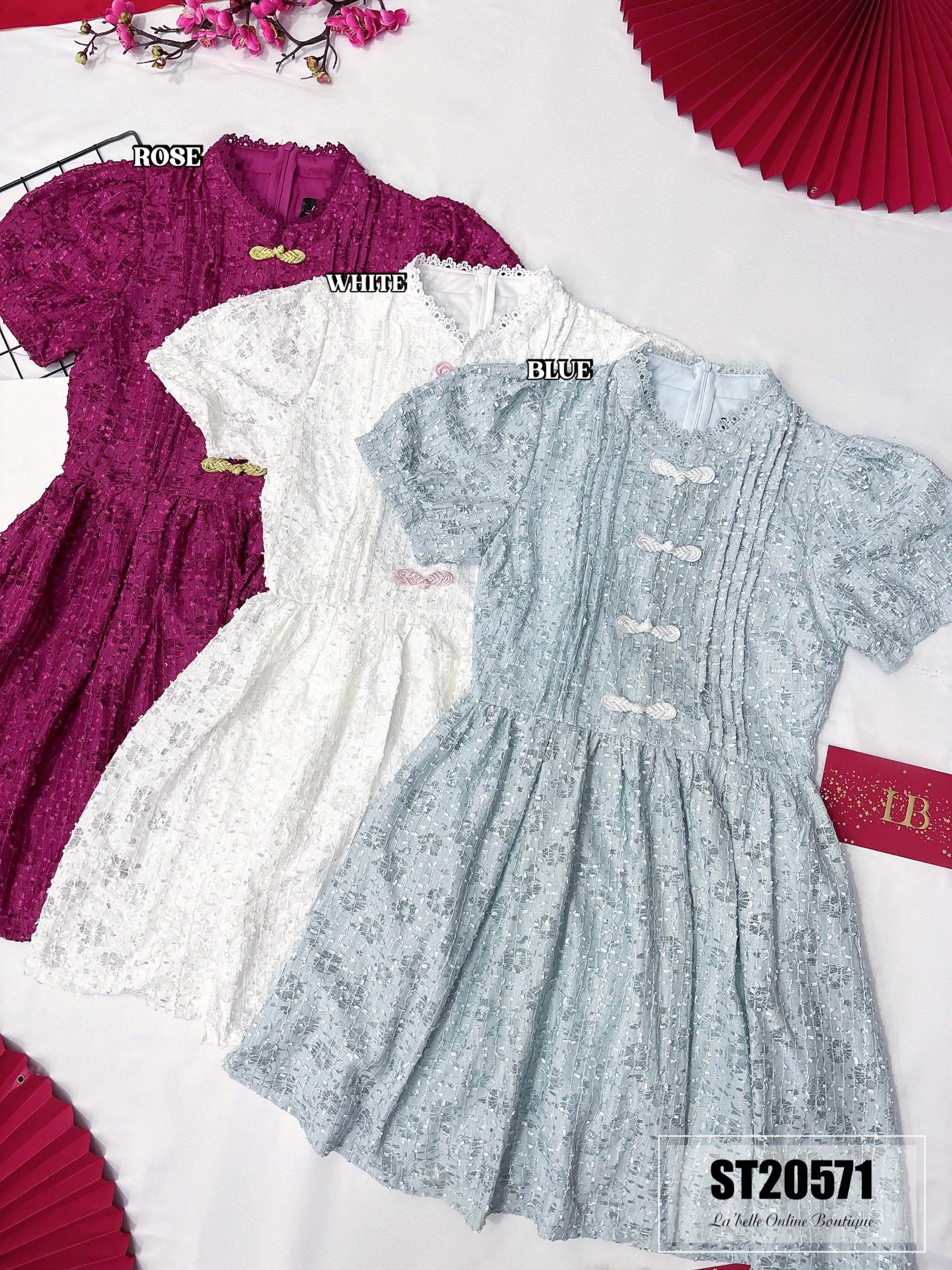 【LBP独家】复古中国结设计改良版旗袍百褶连身裤裙（ST20571）