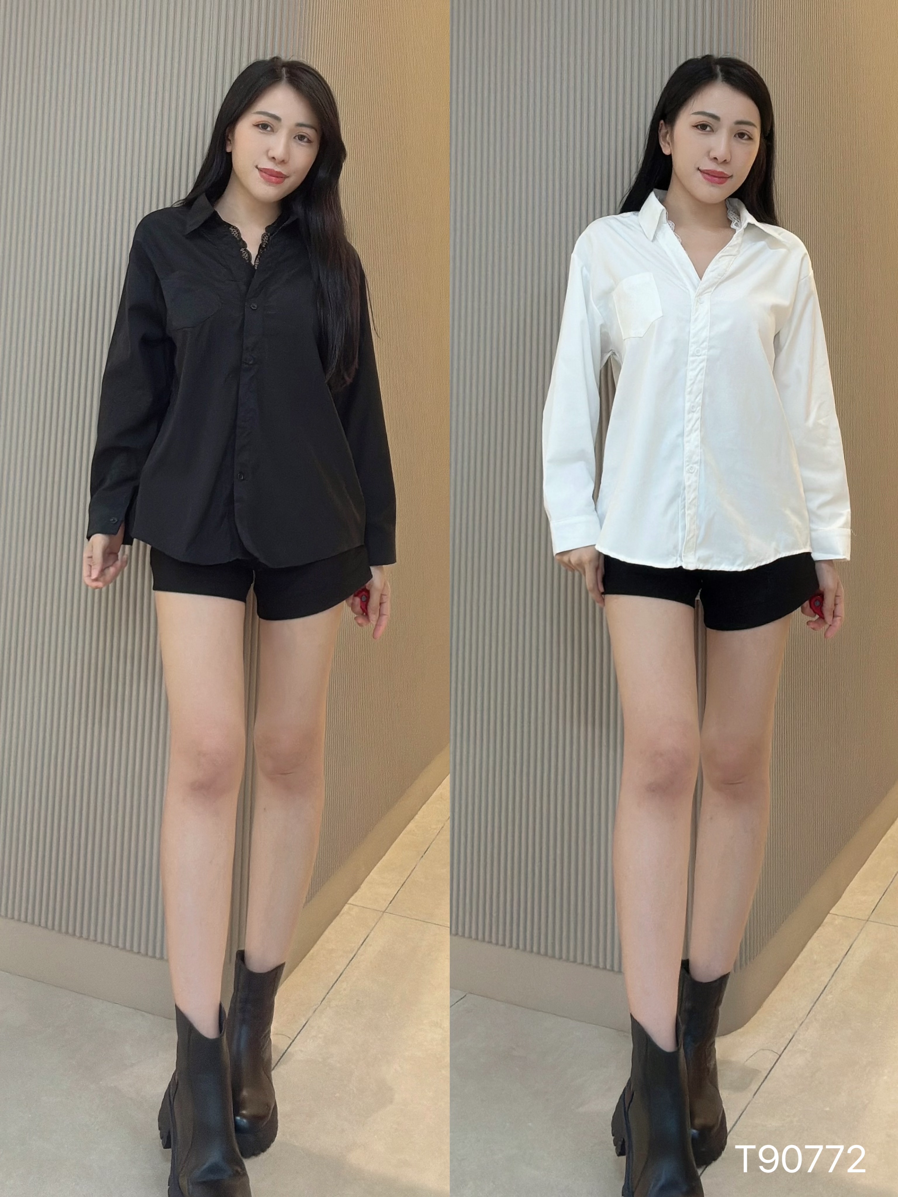 高级感蕾丝拼接翻领宽松长袖衬衫 (T90772)