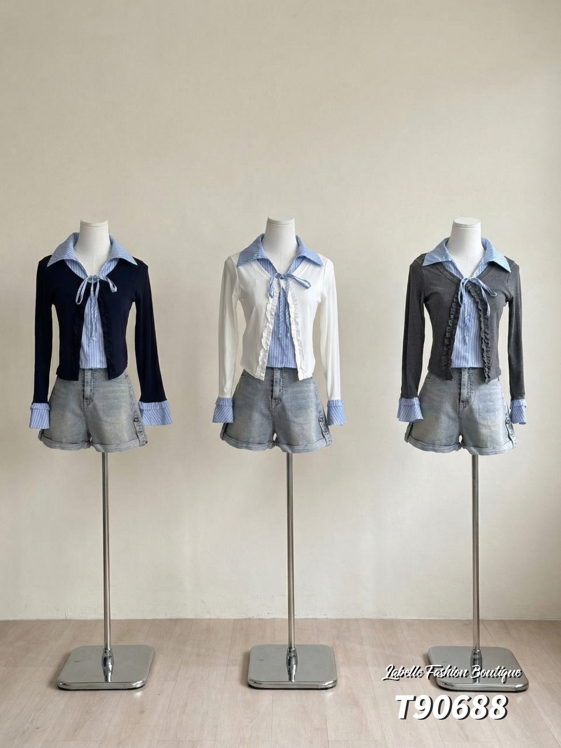 学院风假两件条纹撞色设计喇叭袖上衣 (T90688)