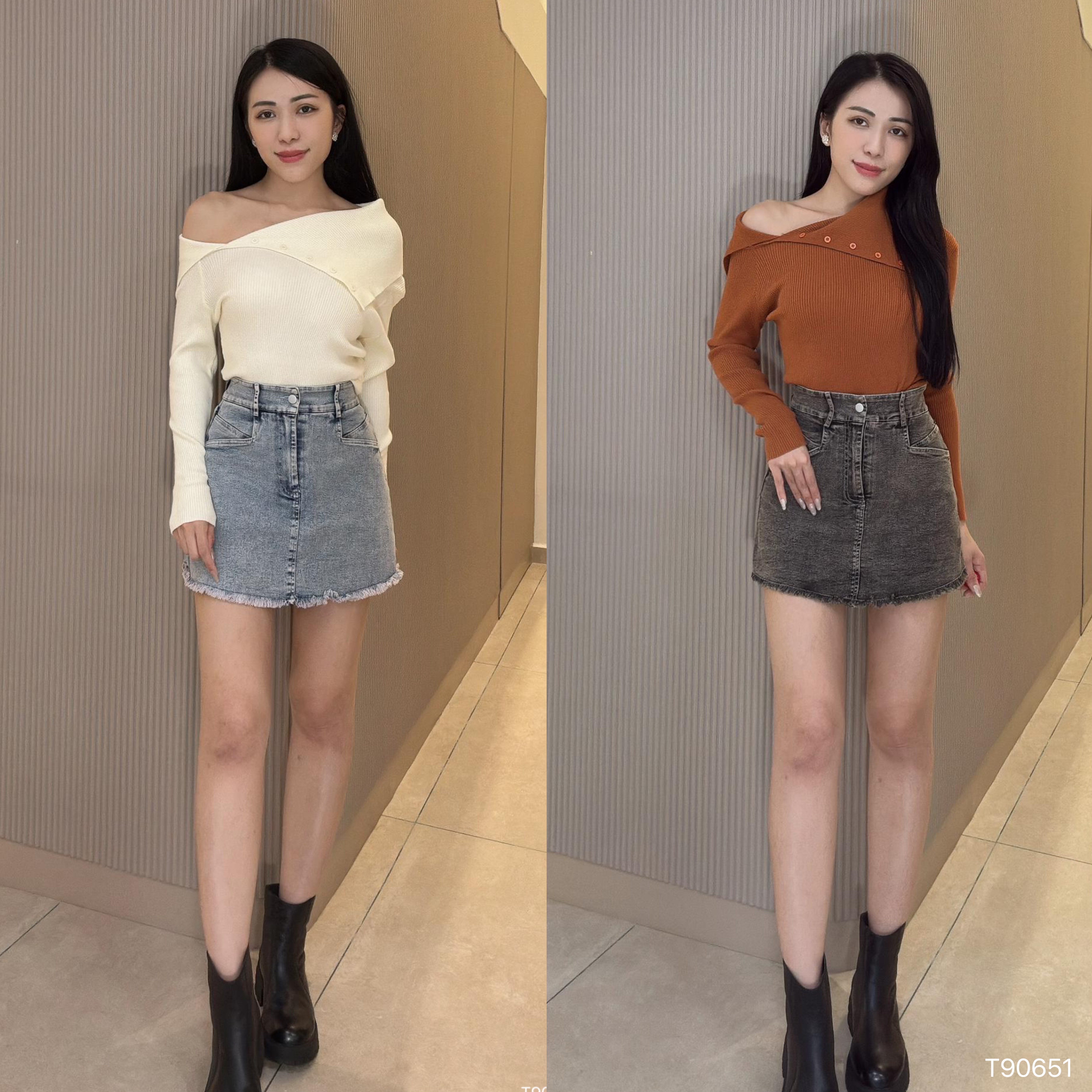 法式一字肩大翻领不规则上衣 (T90651)